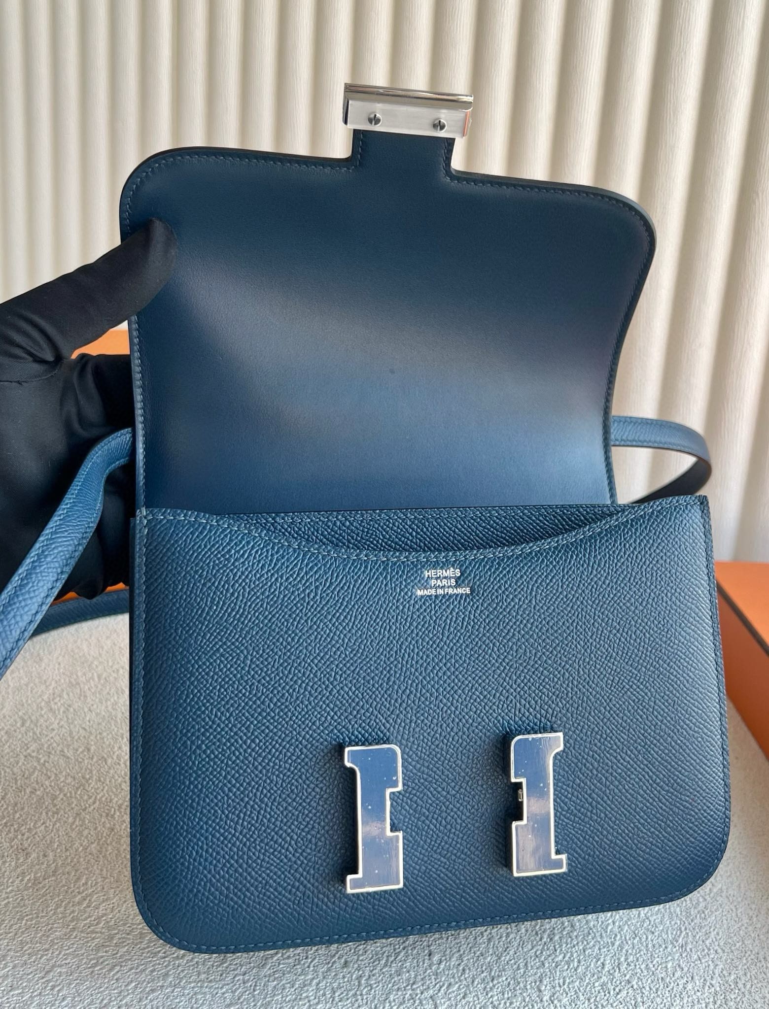 H**mes constance enamel 18 handmade bag in deep blue epsom calfskin