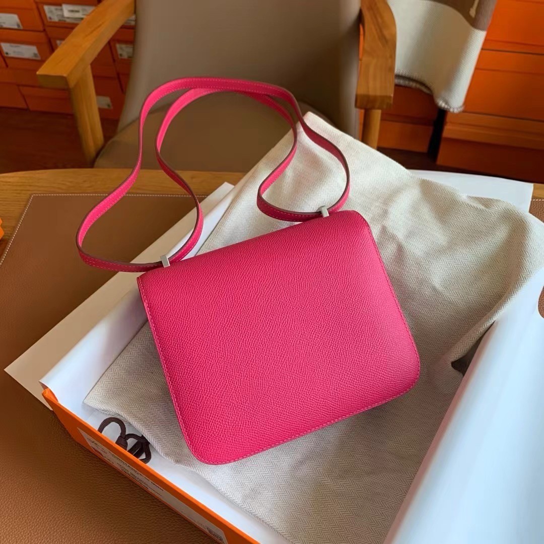 H**mes constance enamel 18 handmade bag in rose mexico epsom calfskin