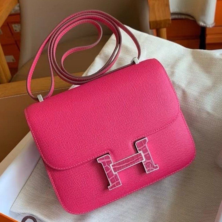 H**mes constance enamel 18 handmade bag in rose mexico epsom calfskin