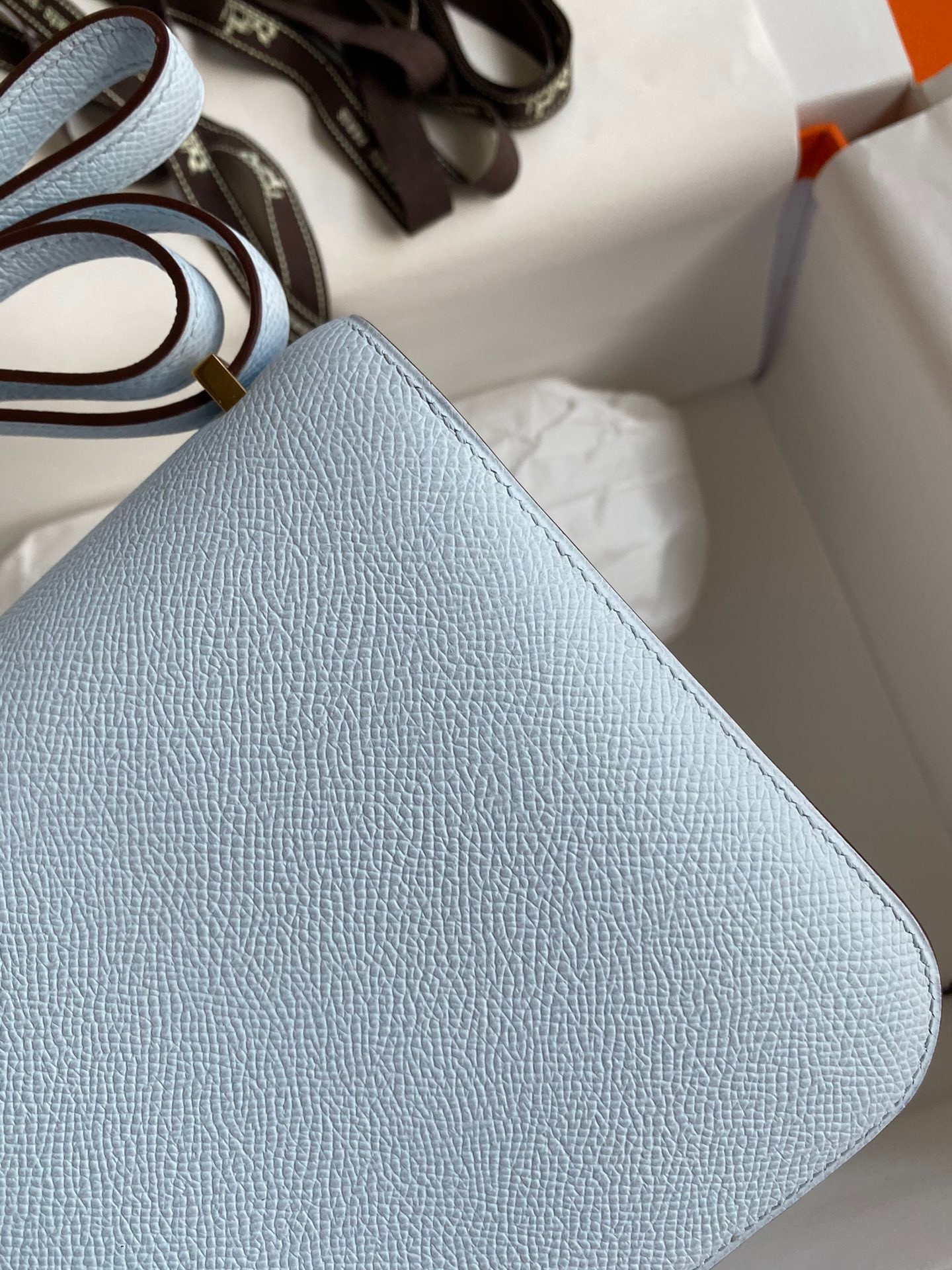 H**mes constance 18 handmade bag in blue brume epsom calfskin