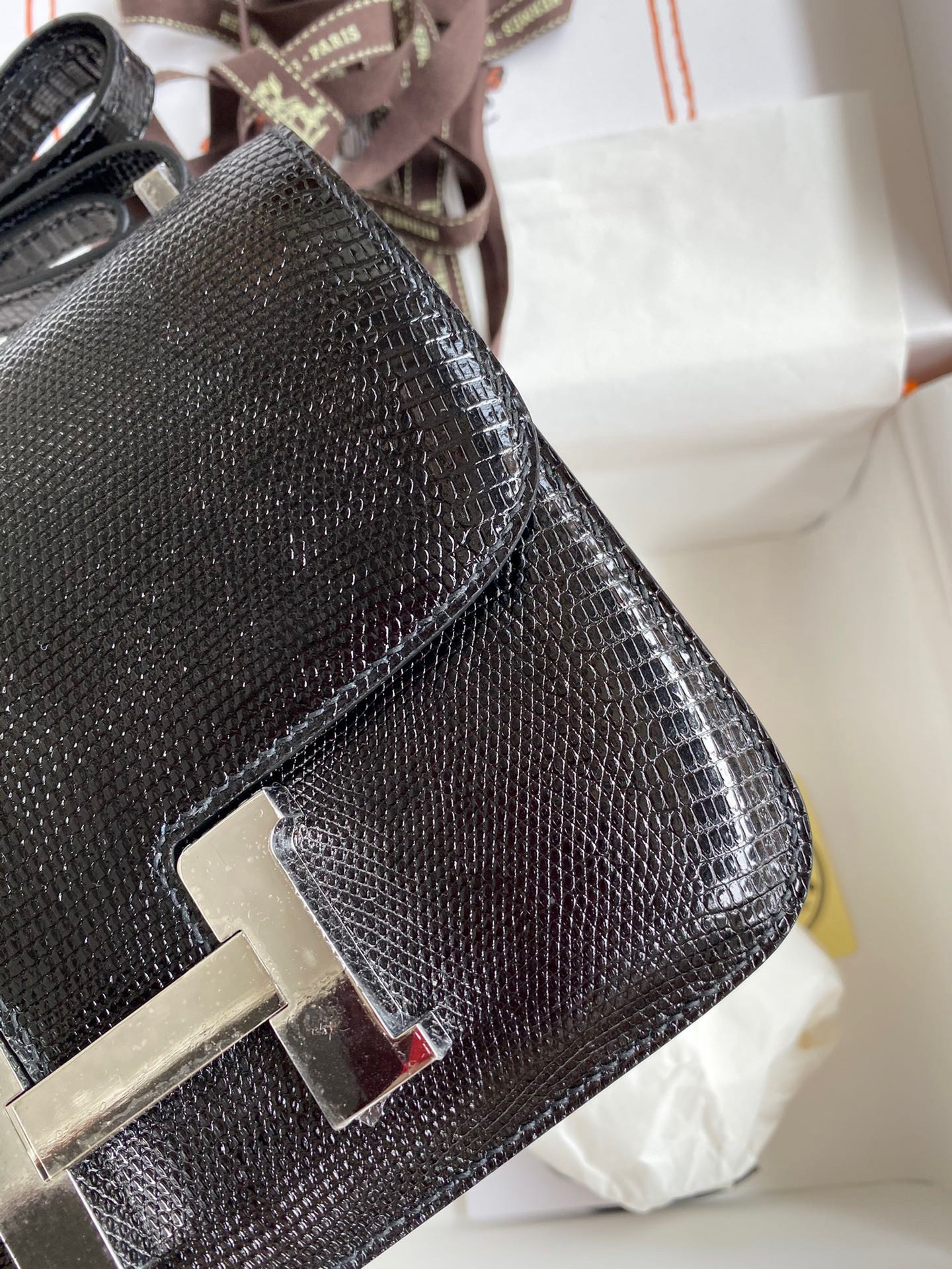 H**mes constance 18 handmade bag in black lizard leather