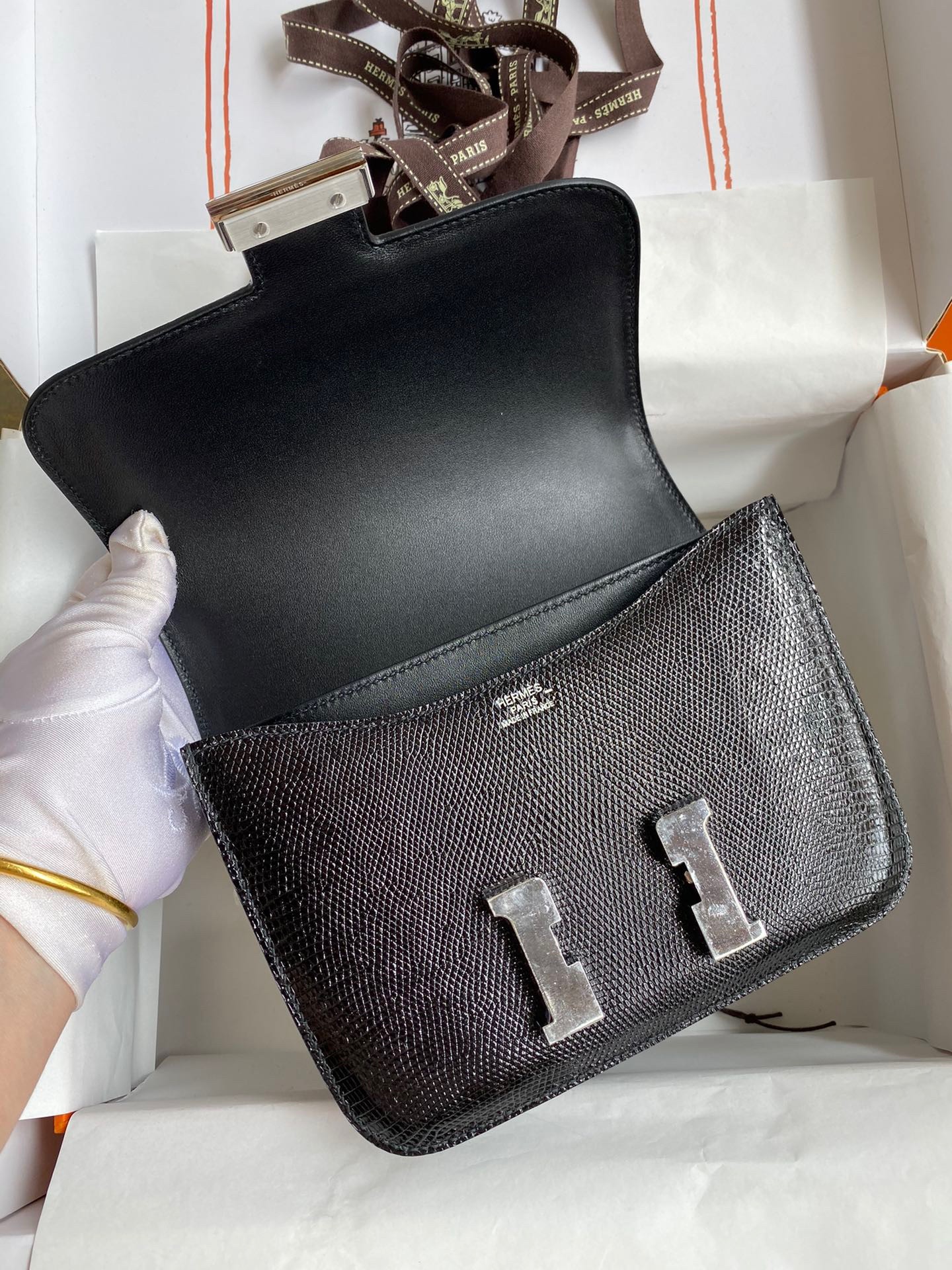 H**mes constance 18 handmade bag in black lizard leather
