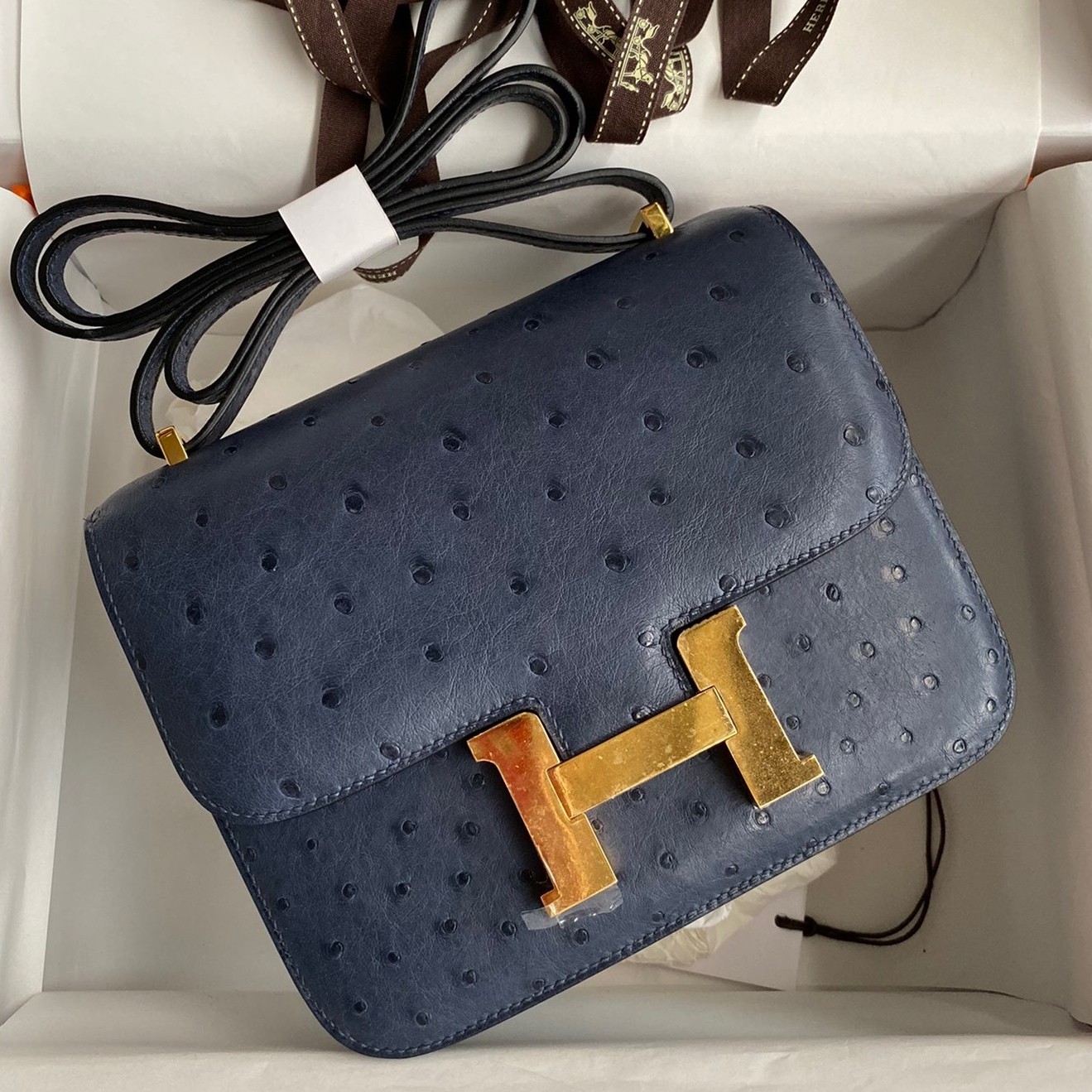 H**mes constance 18 handmade bag in blue iris ostrich leather
