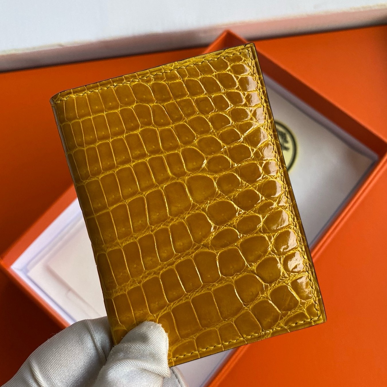 H**mes mc² euclide card holder in jaune ambre shiny alligator leather