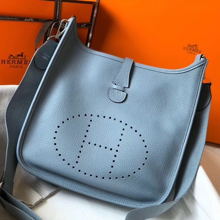H**mes evelyne iii 29 pm bag in blue lin clemence leather