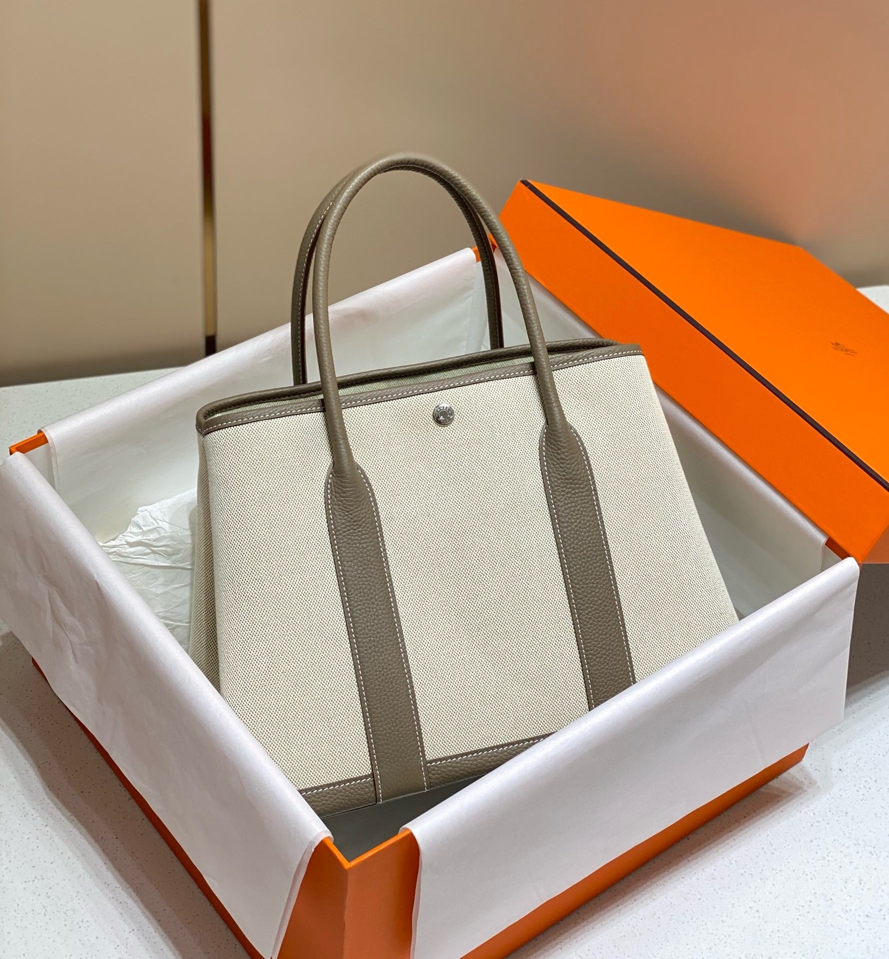 H**mes garden party 36cm bag in toile and taupe leather