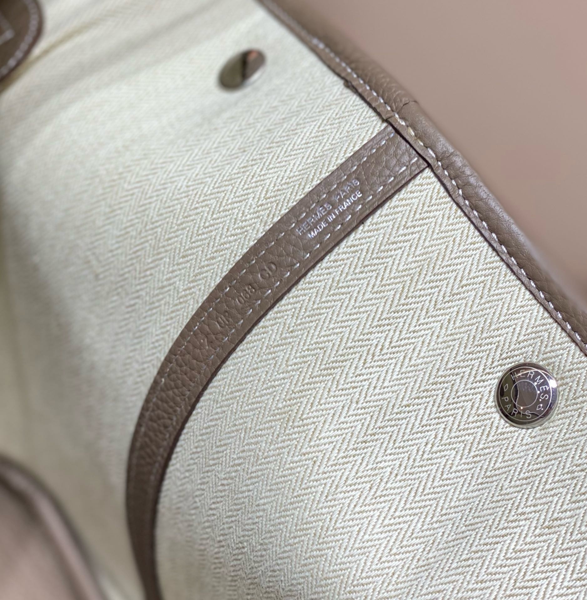 H**mes garden party 36cm bag in toile and taupe leather