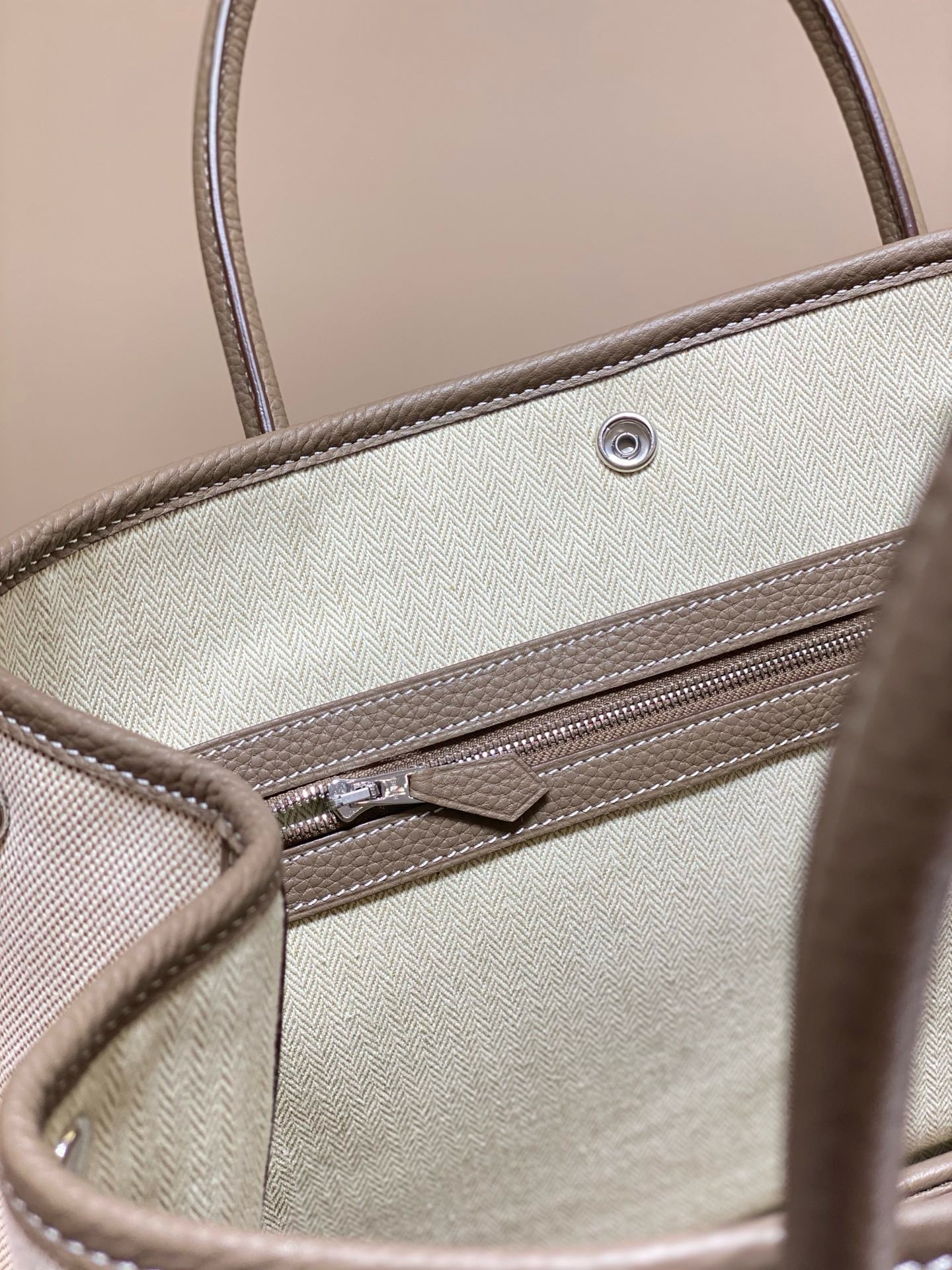 H**mes garden party 36cm bag in toile and taupe leather
