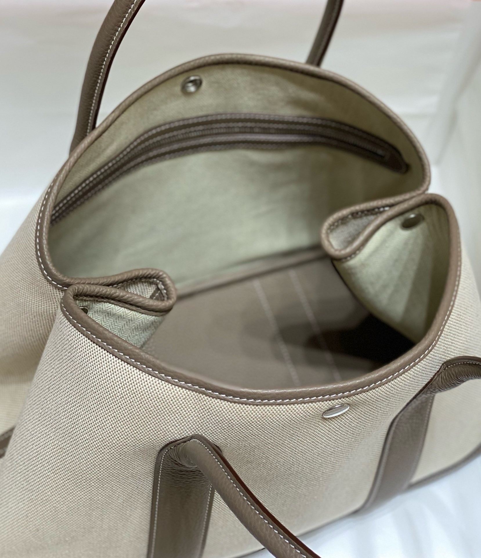 H**mes garden party 36cm bag in toile and taupe leather