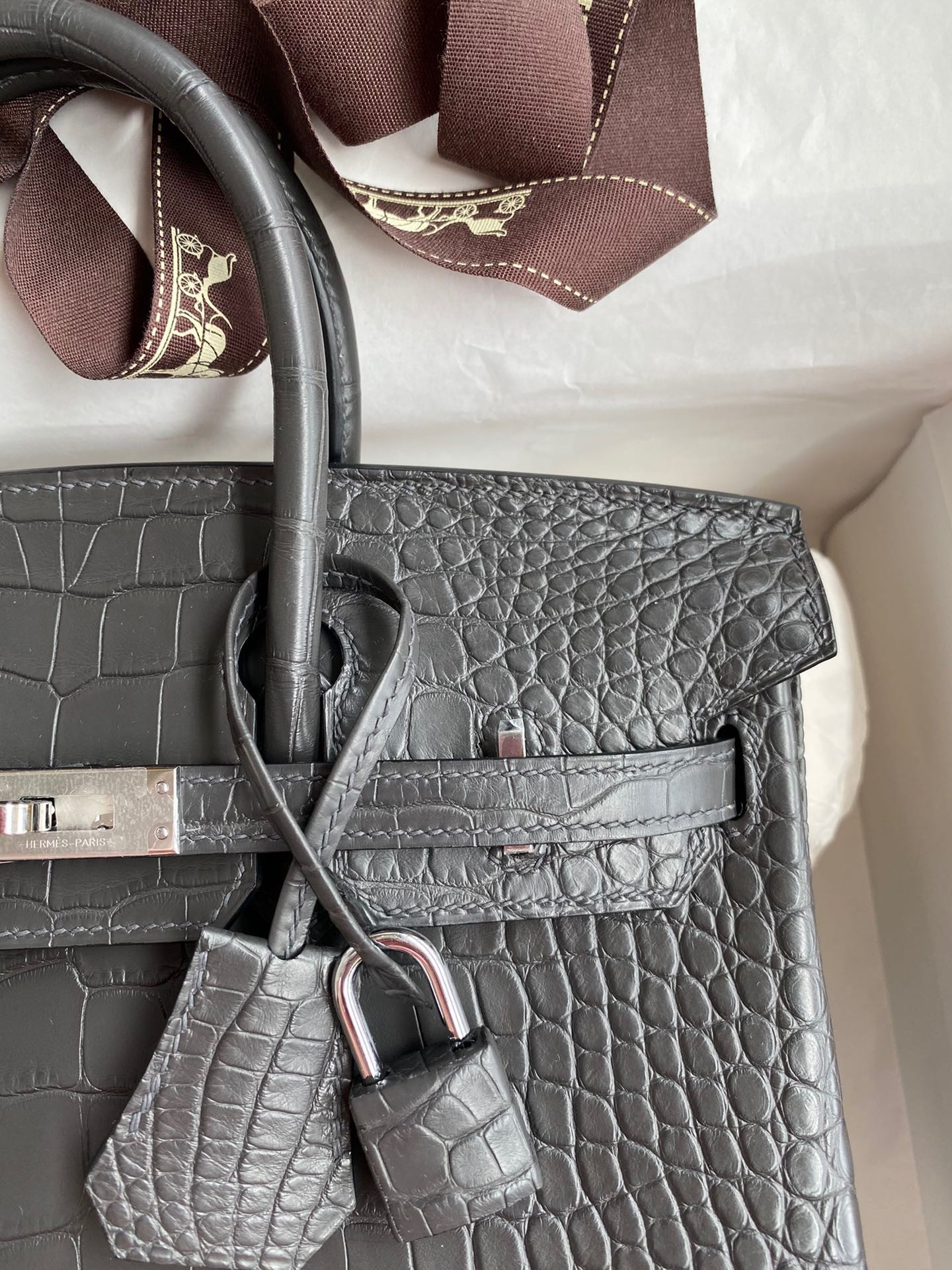H**mes birkin 25 retourne handmade bag in graphite matte alligator leather