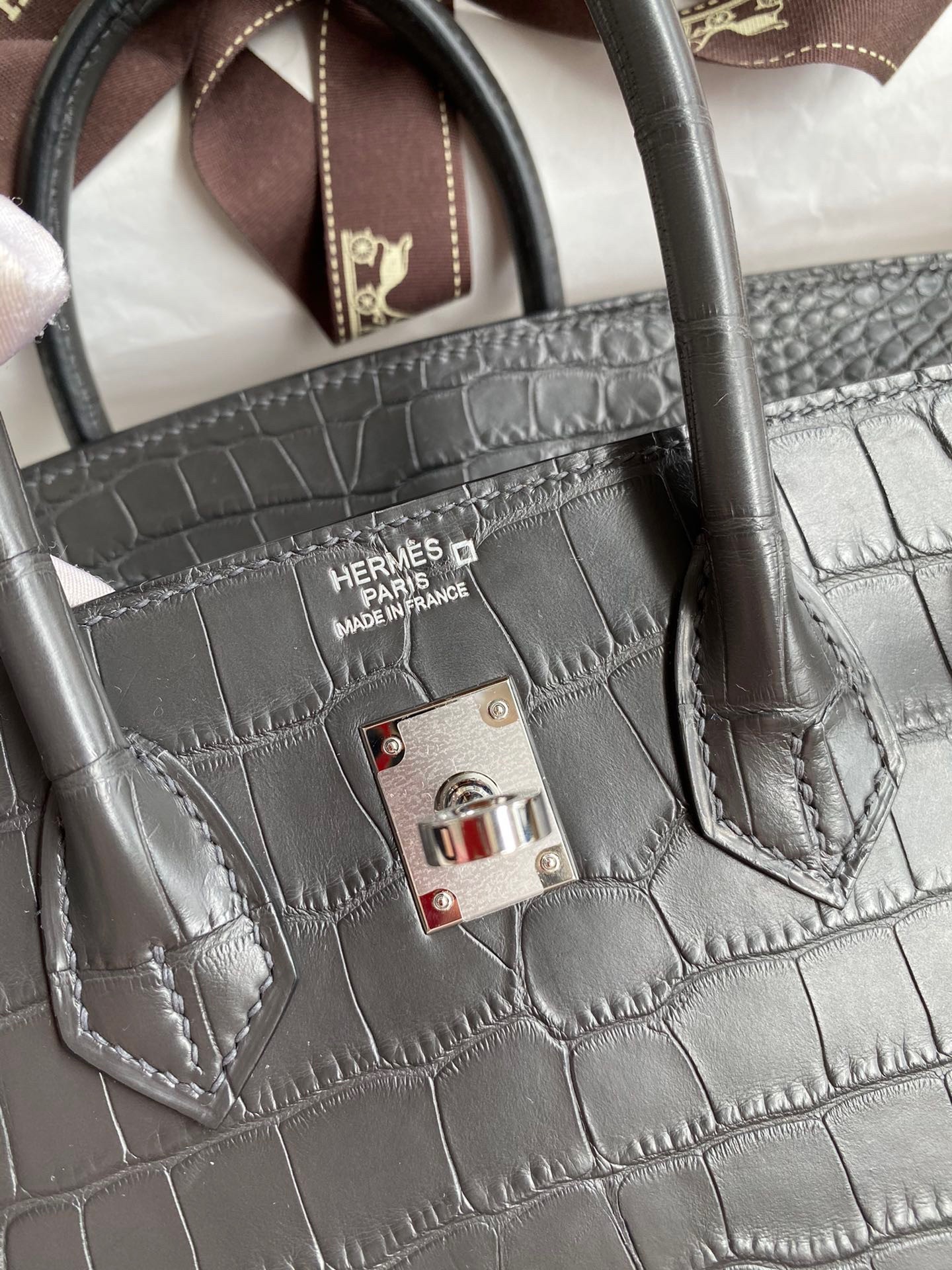 H**mes birkin 25 retourne handmade bag in graphite matte alligator leather