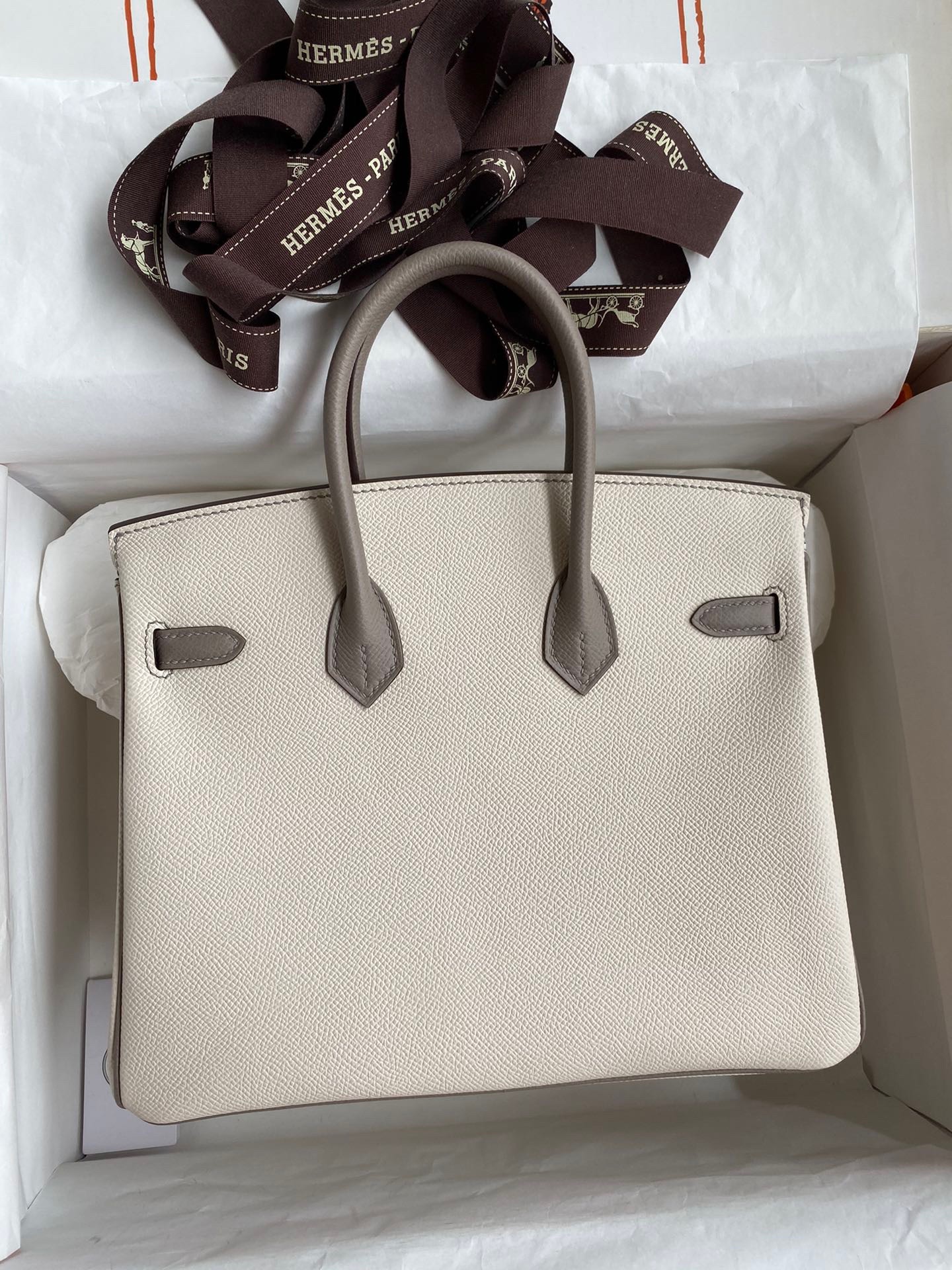 H**mes hss birkin 25 bicolor bag in craie and gris asphalt epsom calfskin