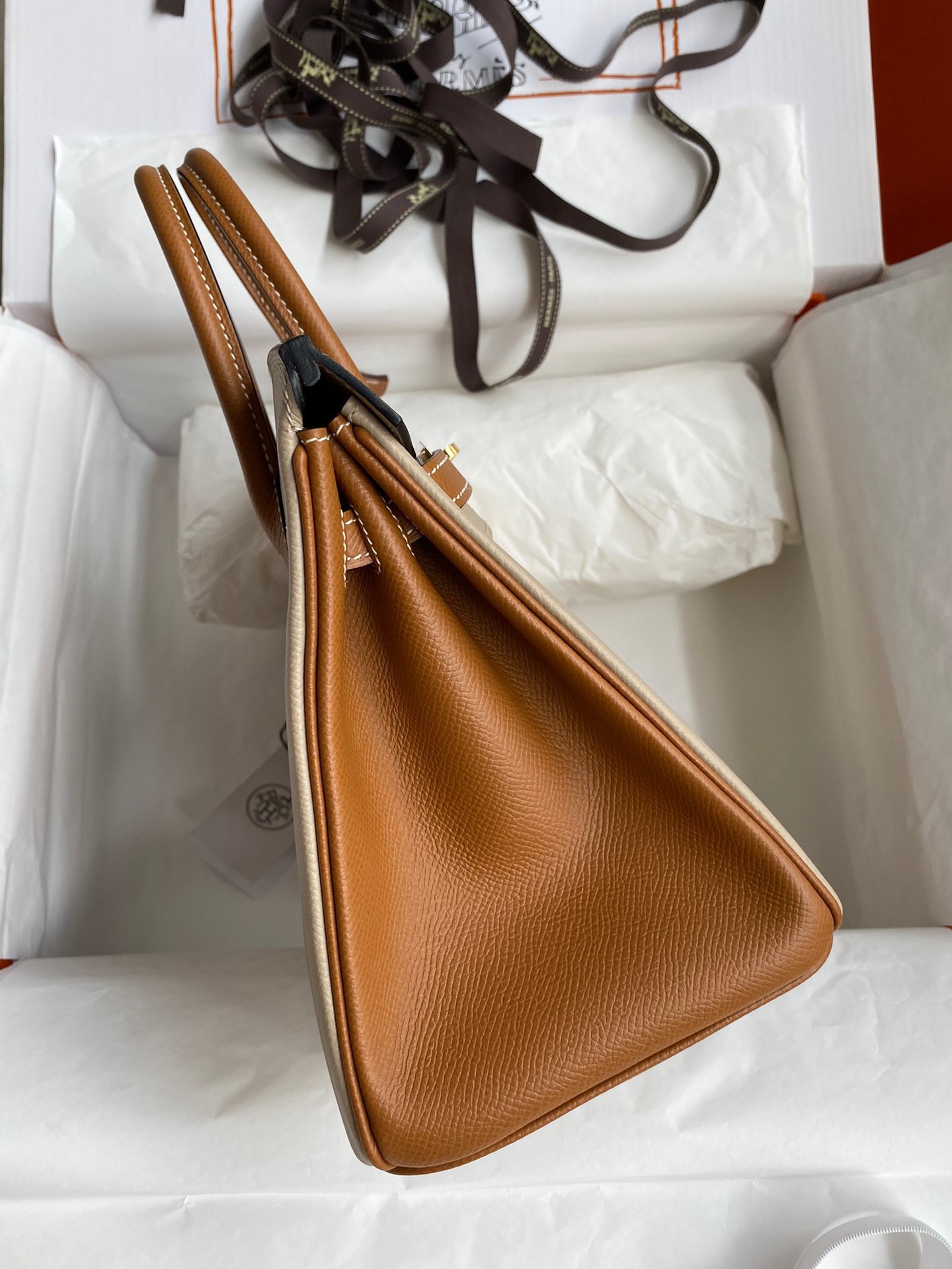 H**mes hss birkin 25 bicolor bag in trench and gold epsom calfskin