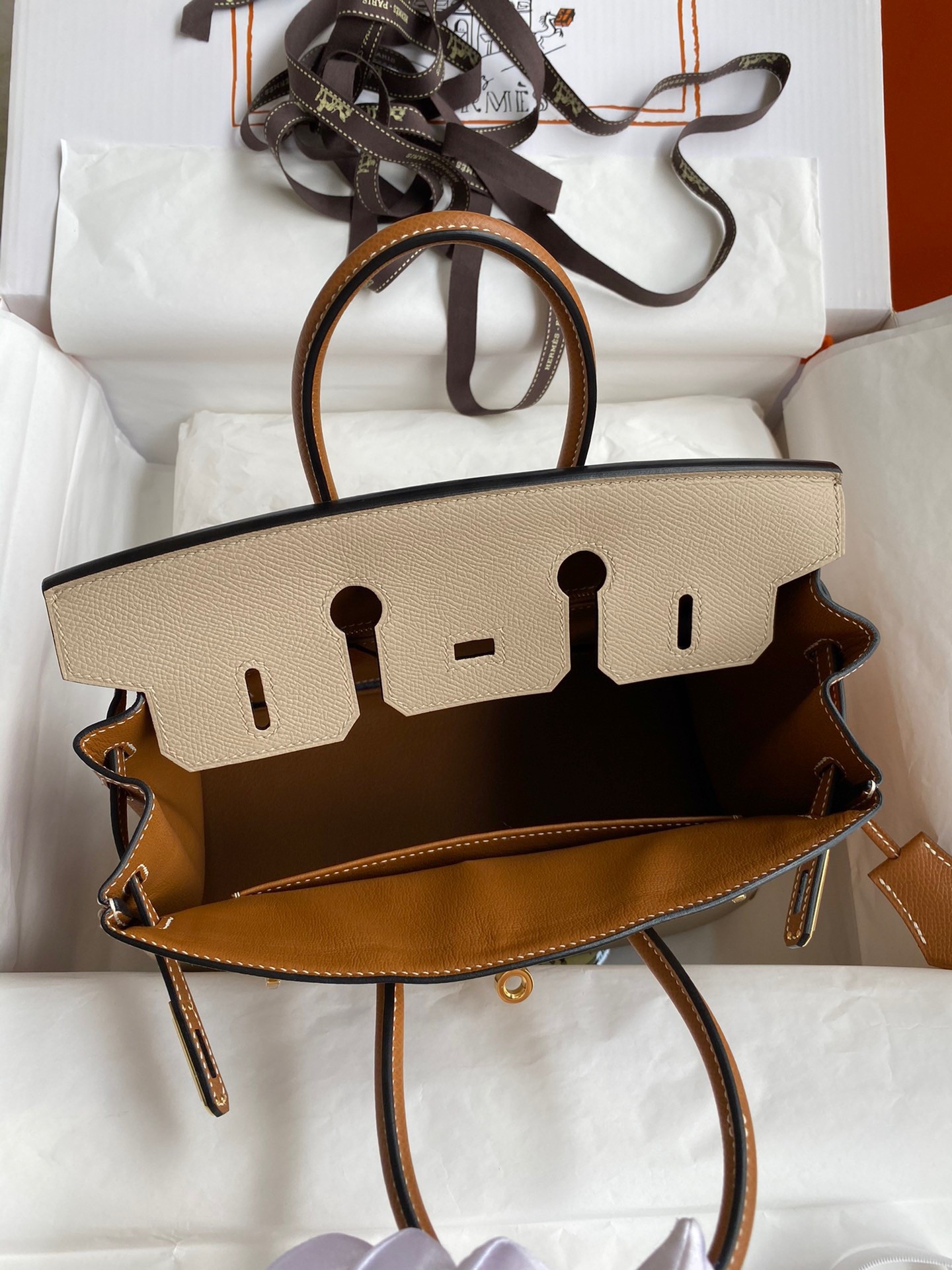 H**mes hss birkin 25 bicolor bag in trench and gold epsom calfskin