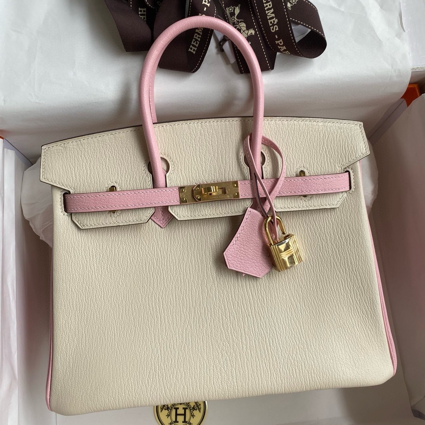 H**mes hss birkin 25 bicolor bag in craie and pink chevre mysore leather