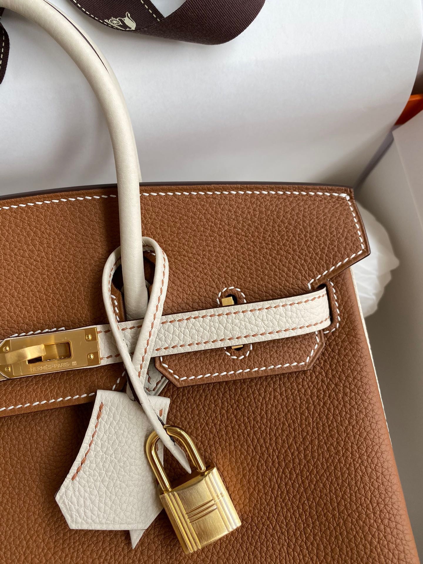 H**mes hss birkin 25 bicolor bag in gold and craie clemence leather