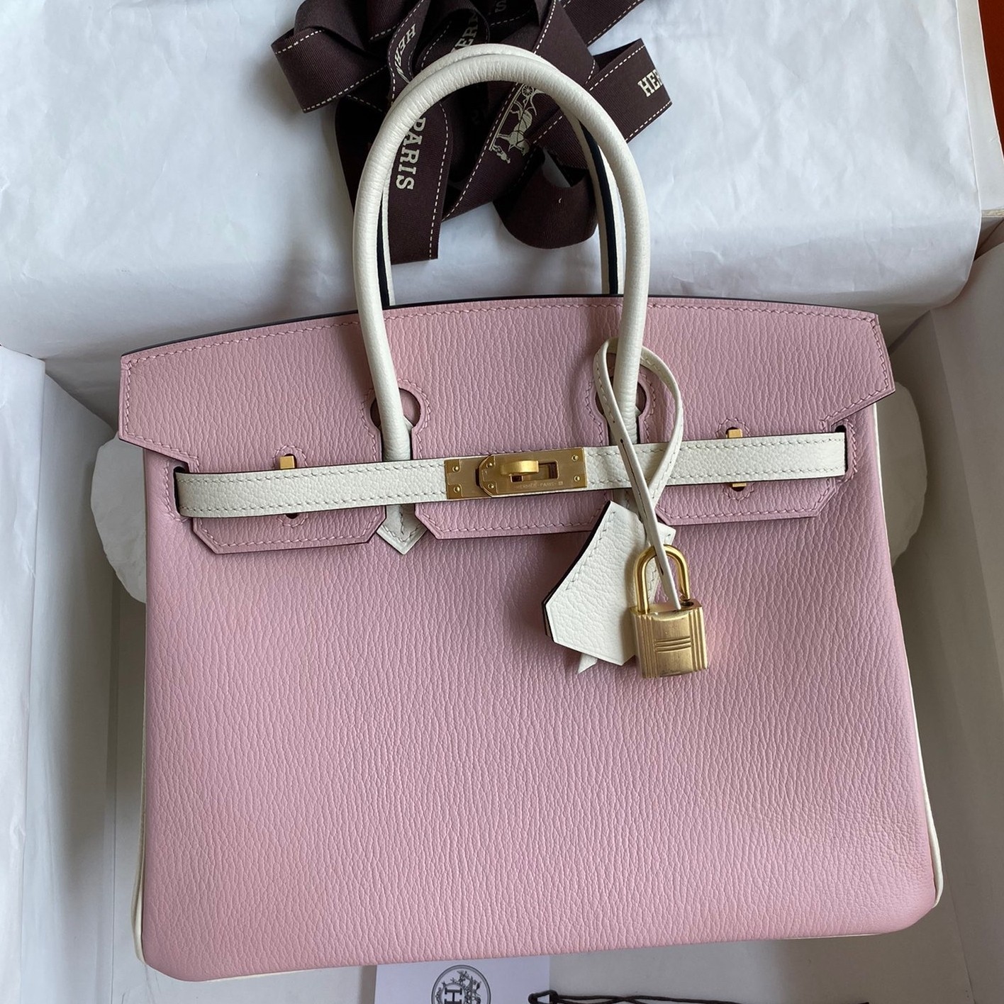 H**mes hss birkin 25 bicolor bag in pink and craie chevre mysore leather