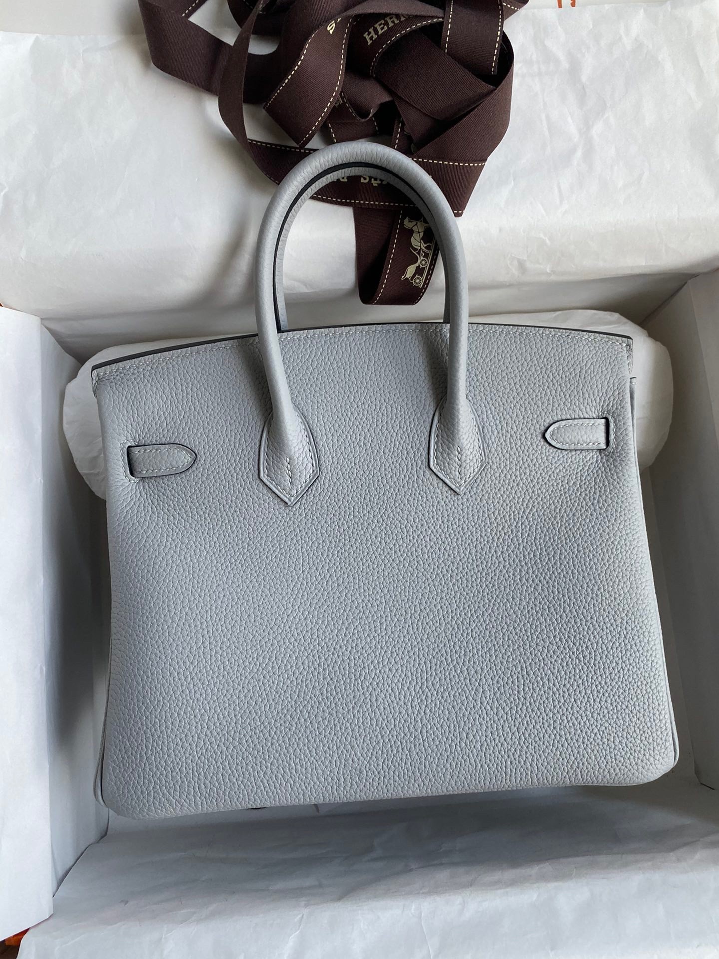 H**mes birkin 25 retourne handmade bag in blue glacier clemence leather