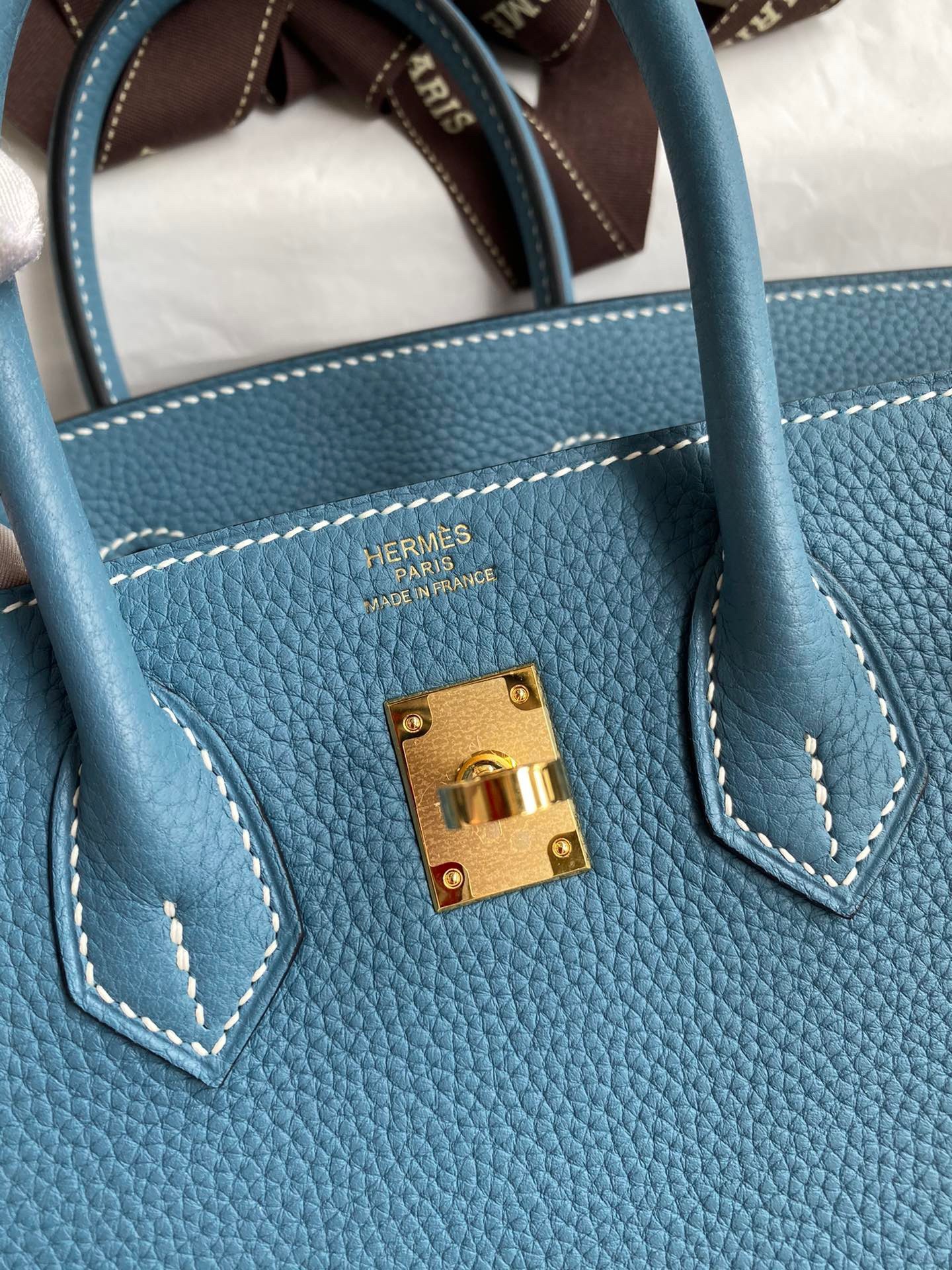H**mes birkin 25 retourne handmade bag in blue jean clemence leather