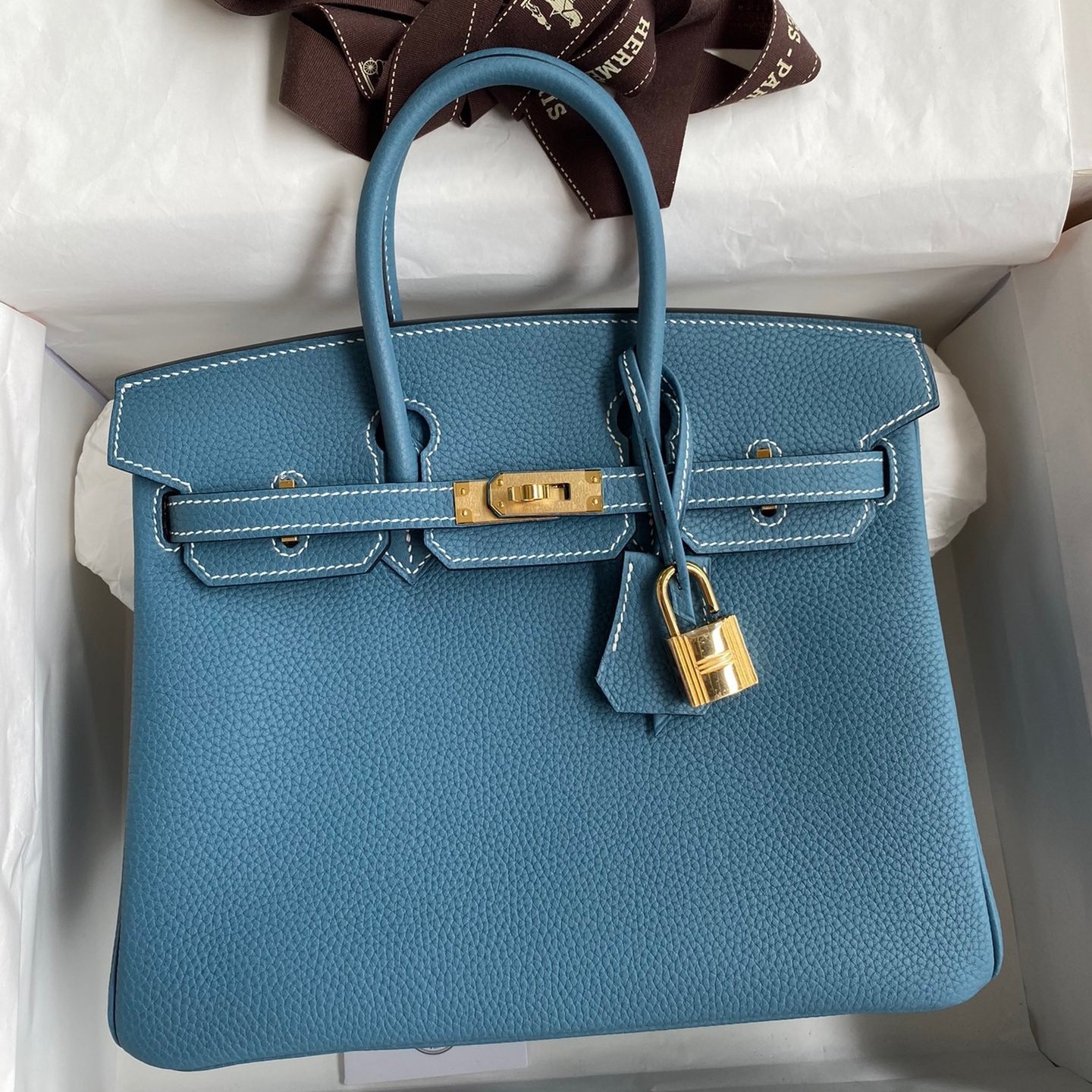 H**mes birkin 25 retourne handmade bag in blue jean clemence leather