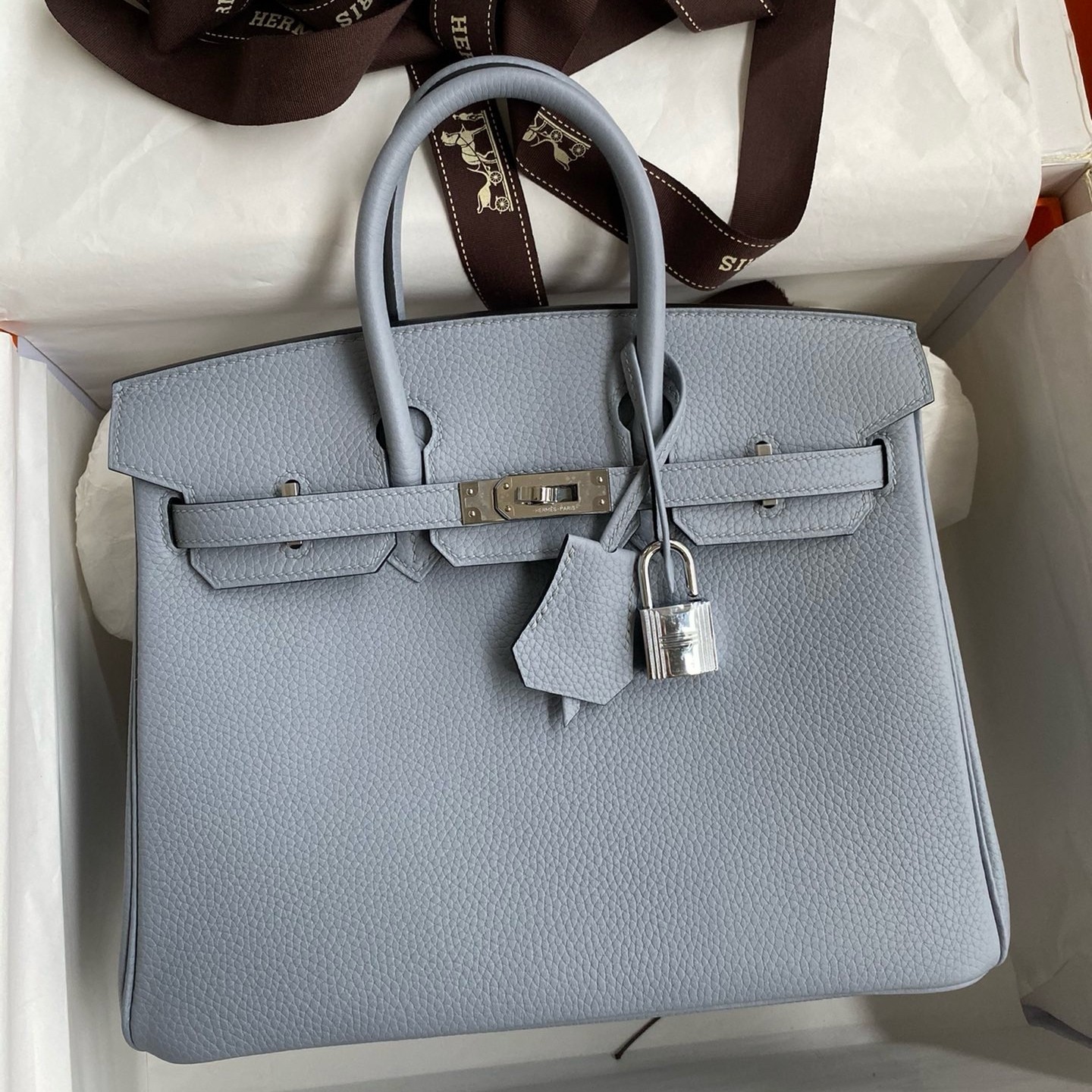 H**mes birkin 25 retourne handmade bag in blue lin clemence leather