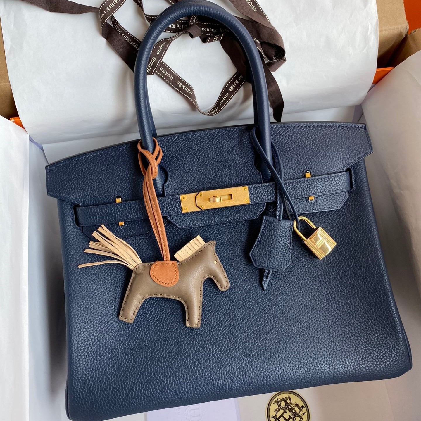 H**mes birkin 25 retourne handmade bag in blue saphir clemence leather