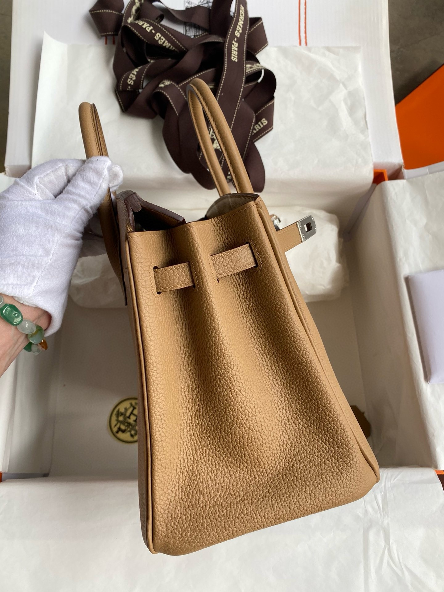 H**mes birkin 25 retourne handmade bag in chai clemence leather