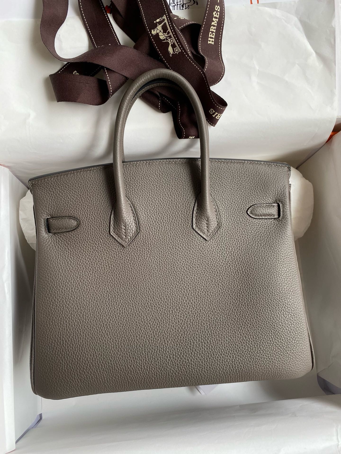 H**mes birkin 25 retourne handmade bag in etain clemence leather