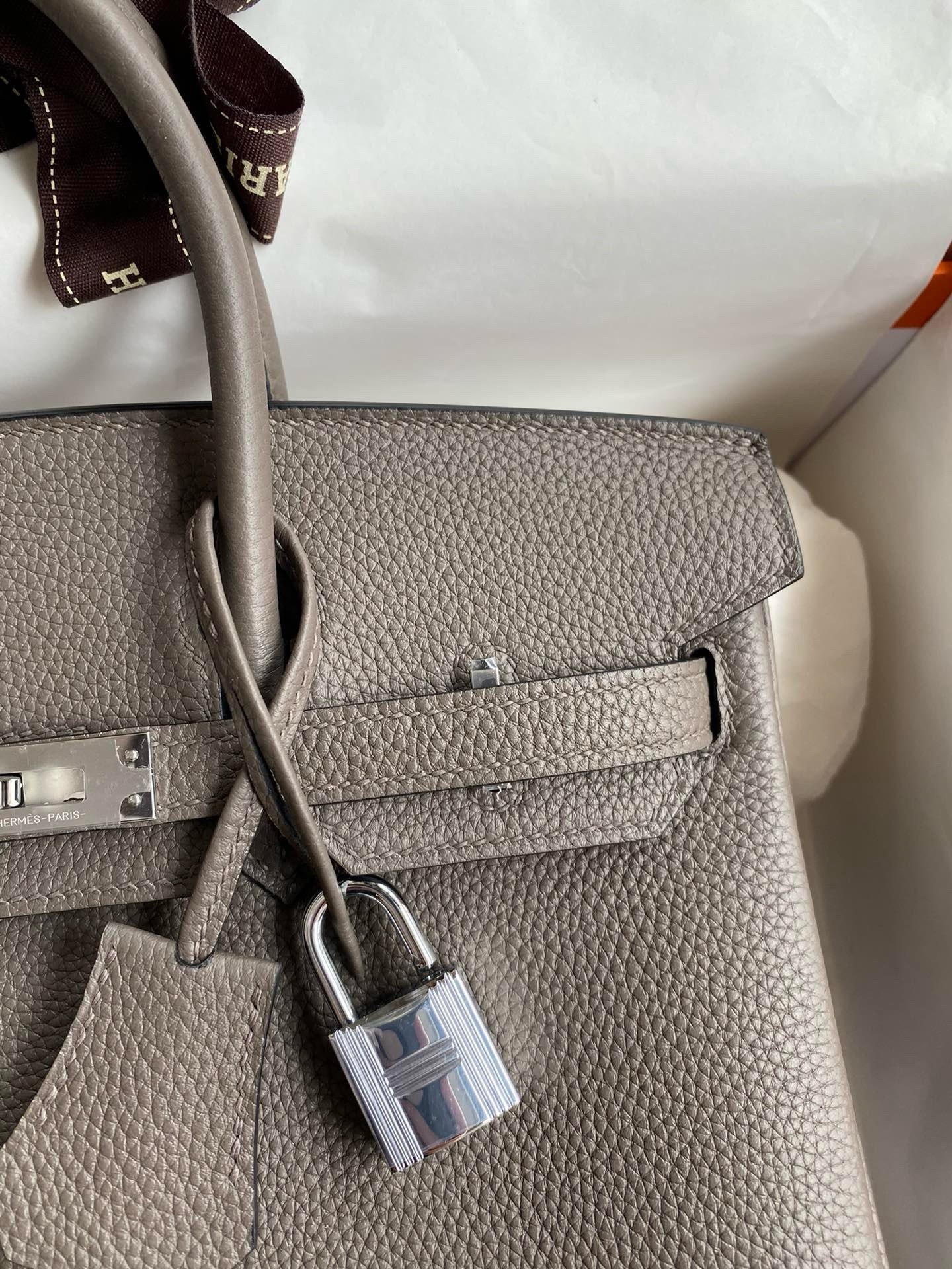 H**mes birkin 25 retourne handmade bag in etain clemence leather