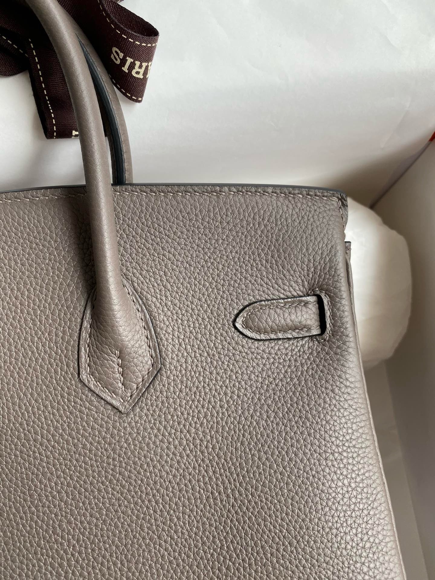 H**mes birkin 25 retourne handmade bag in etain clemence leather