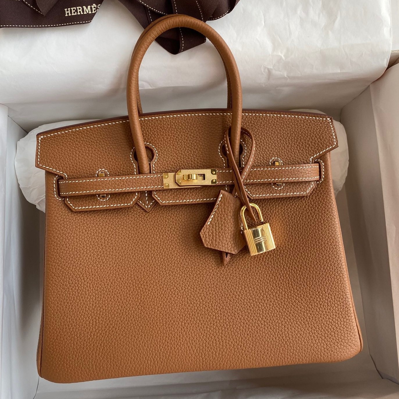 H**mes birkin 25 retourne handmade bag in gold clemence leather