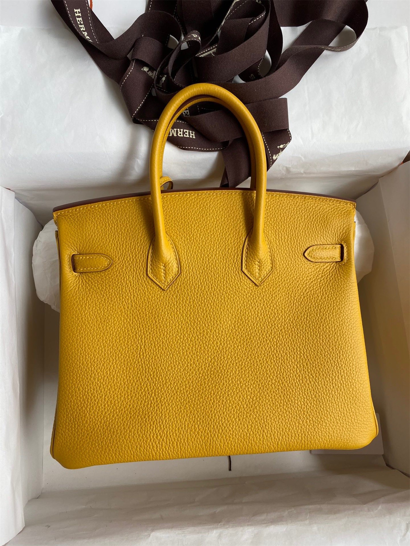 H**mes birkin 25 retourne handmade bag in jaune ambre clemence leather