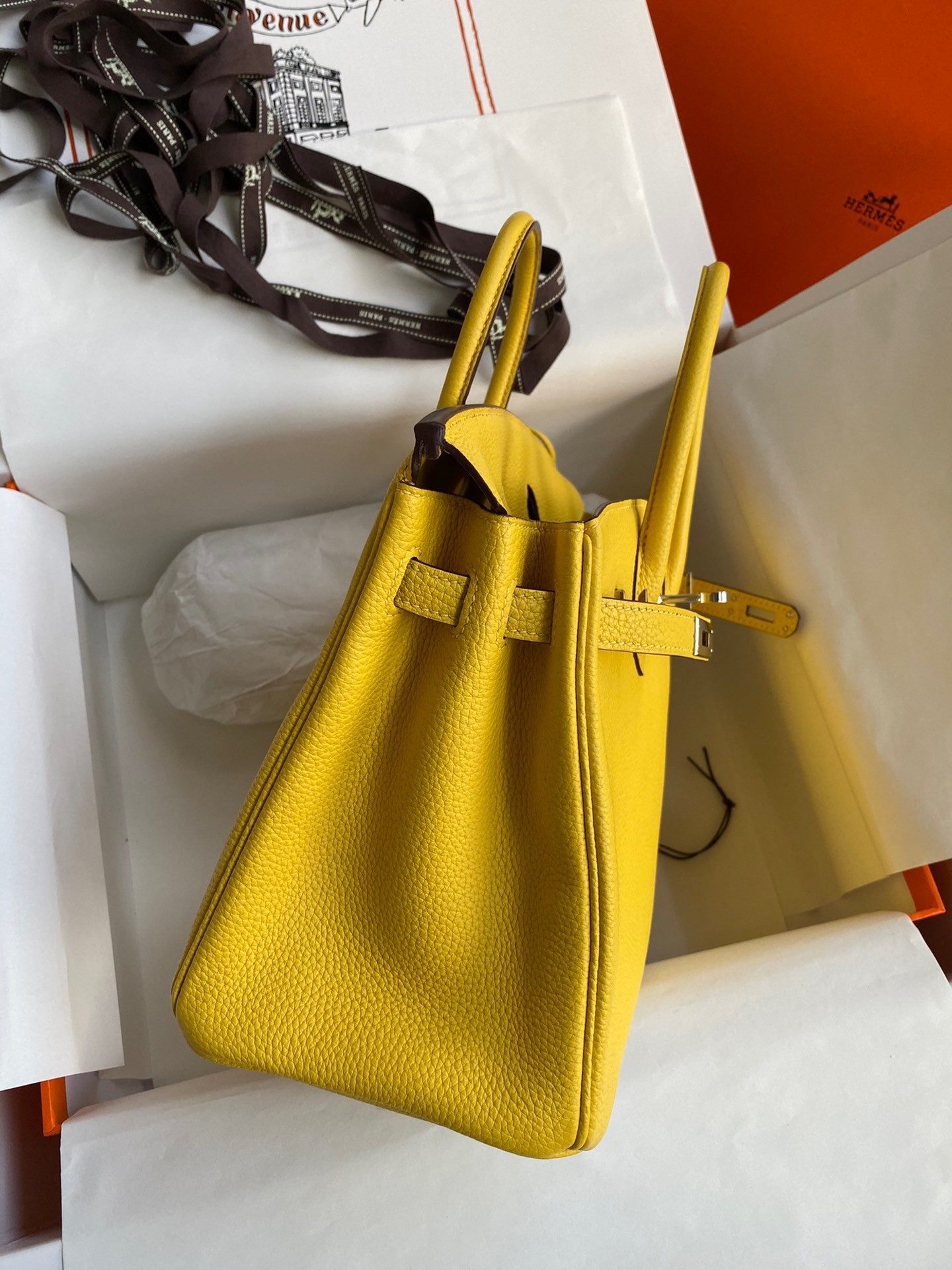 H**mes birkin 25 retourne handmade bag in jaune de naples clemence leather