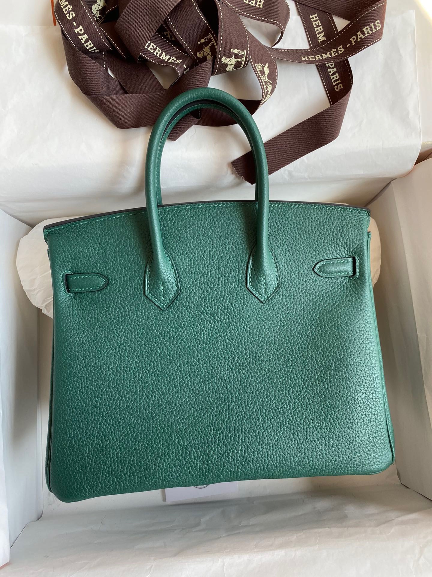 H**mes birkin 25 retourne handmade bag in malachite clemence leather
