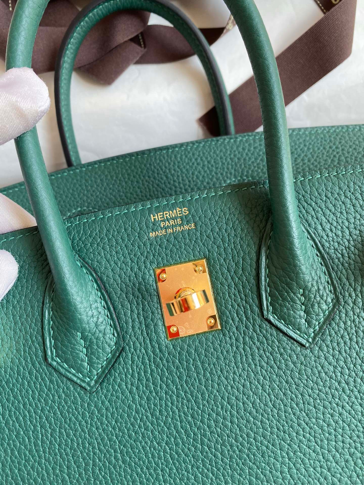 H**mes birkin 25 retourne handmade bag in malachite clemence leather