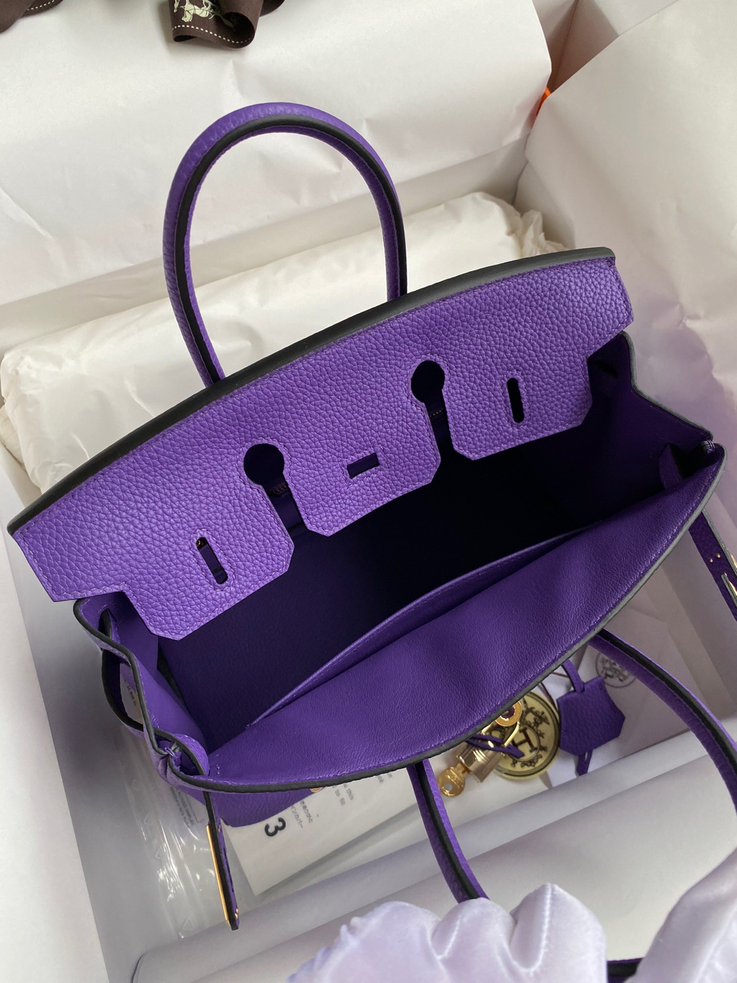 H**mes birkin 25 retourne handmade bag in violet clemence leather