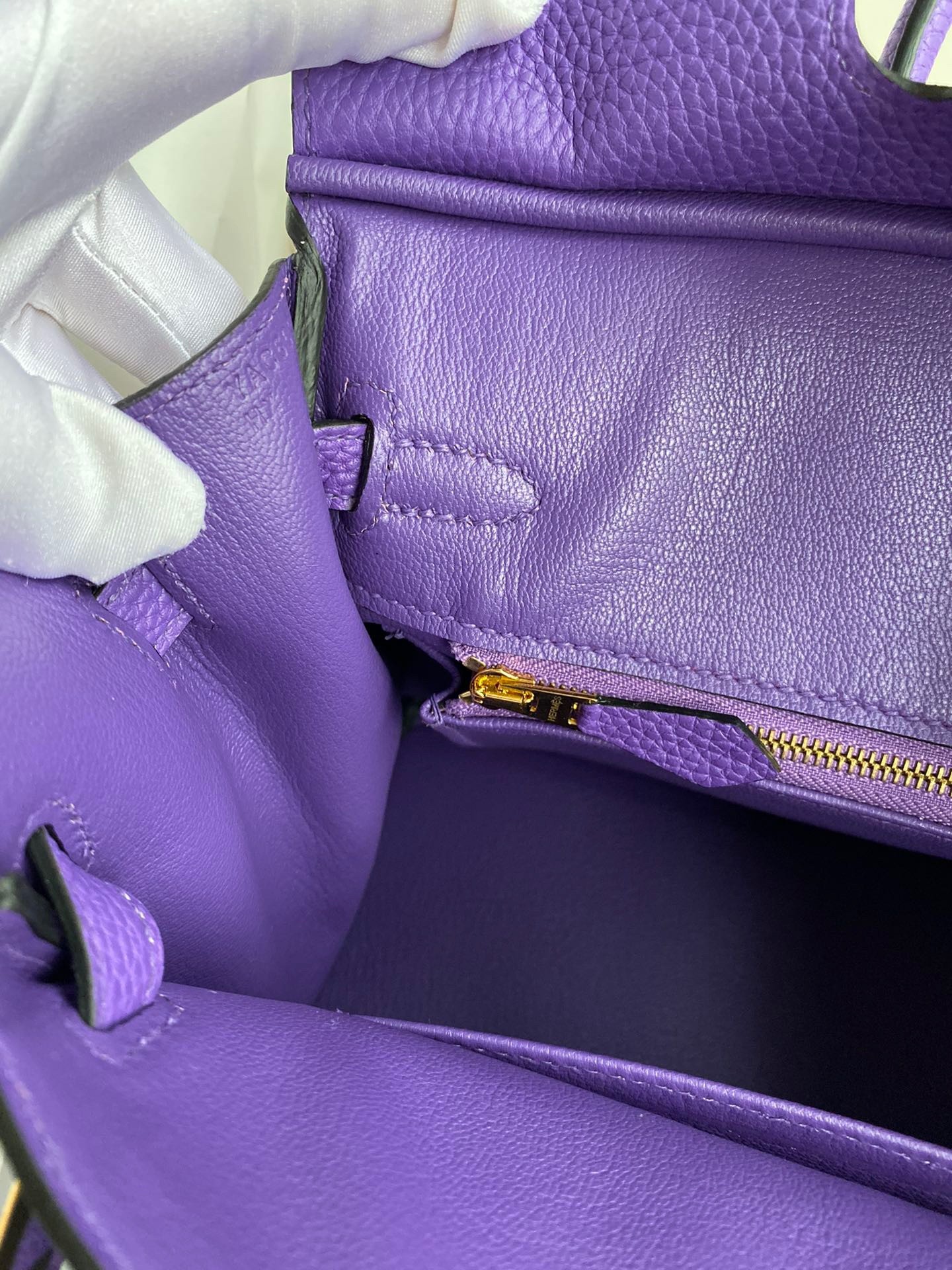 H**mes birkin 25 retourne handmade bag in violet clemence leather