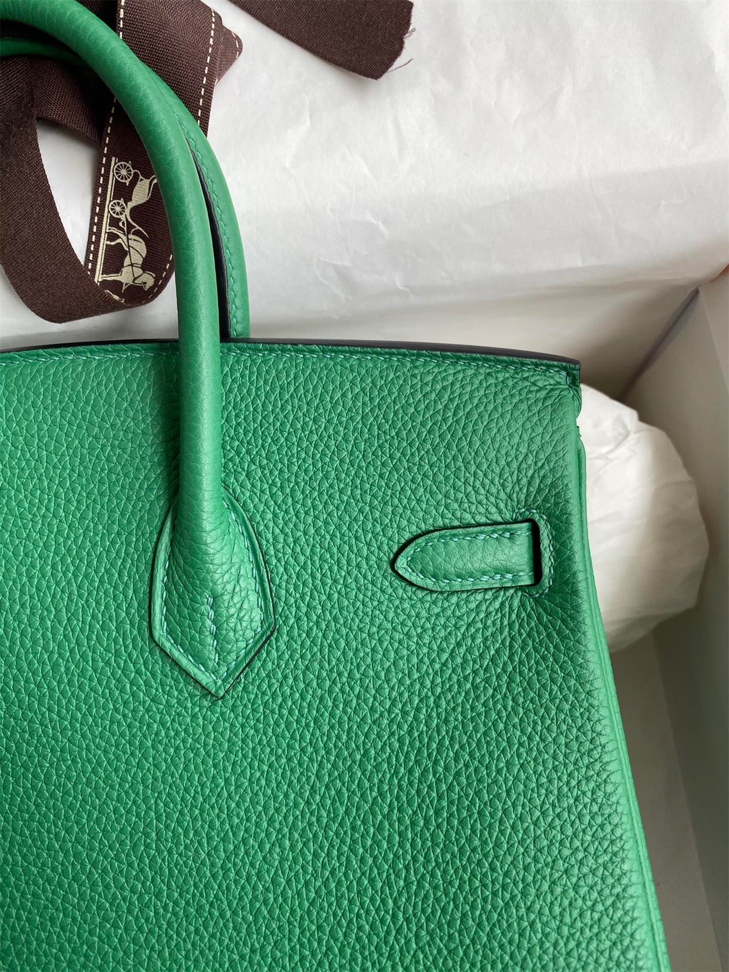 H**mes birkin 25 retourne handmade bag in vert vertigo clemence leather