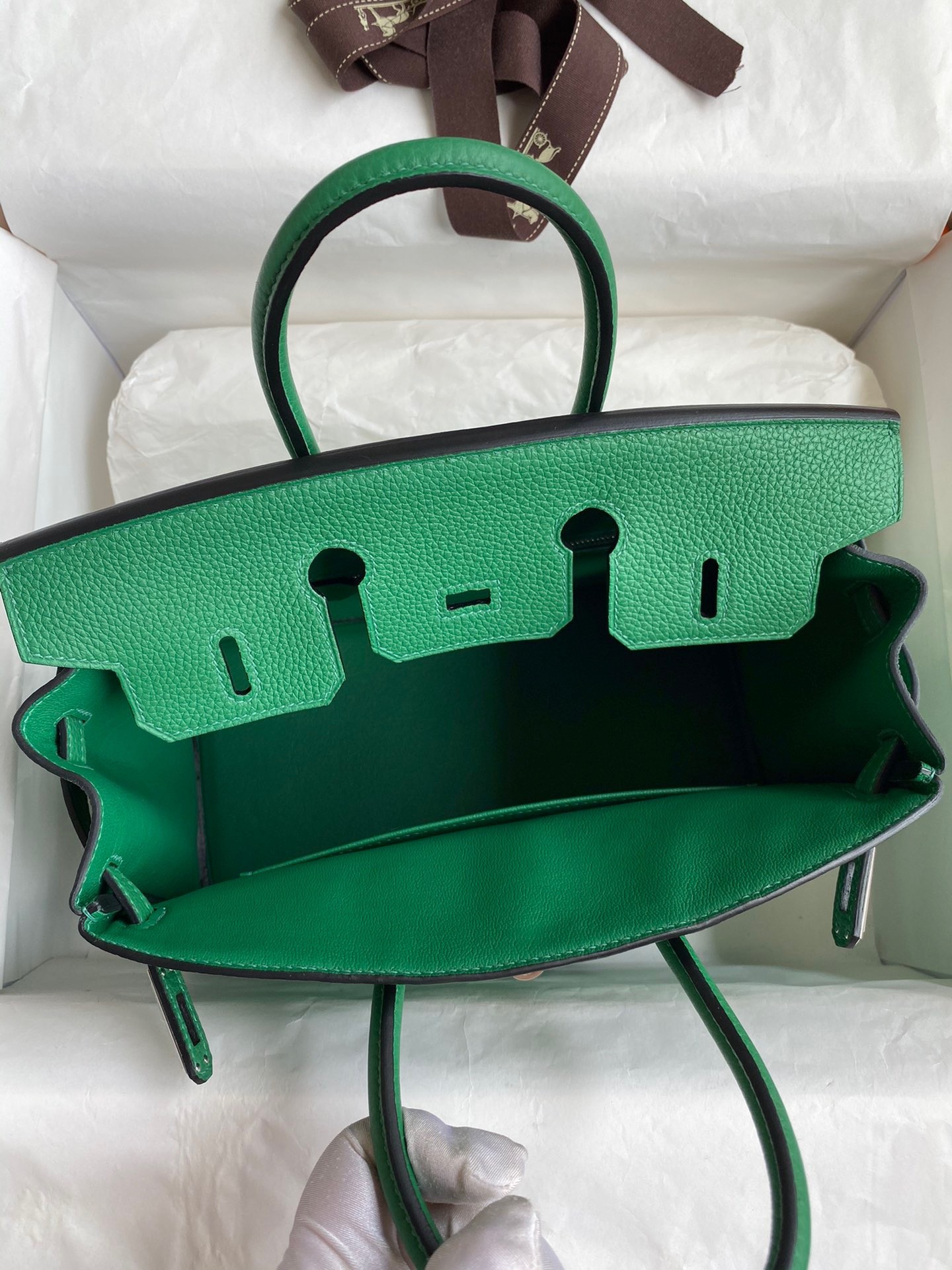 H**mes birkin 25 retourne handmade bag in vert vertigo clemence leather