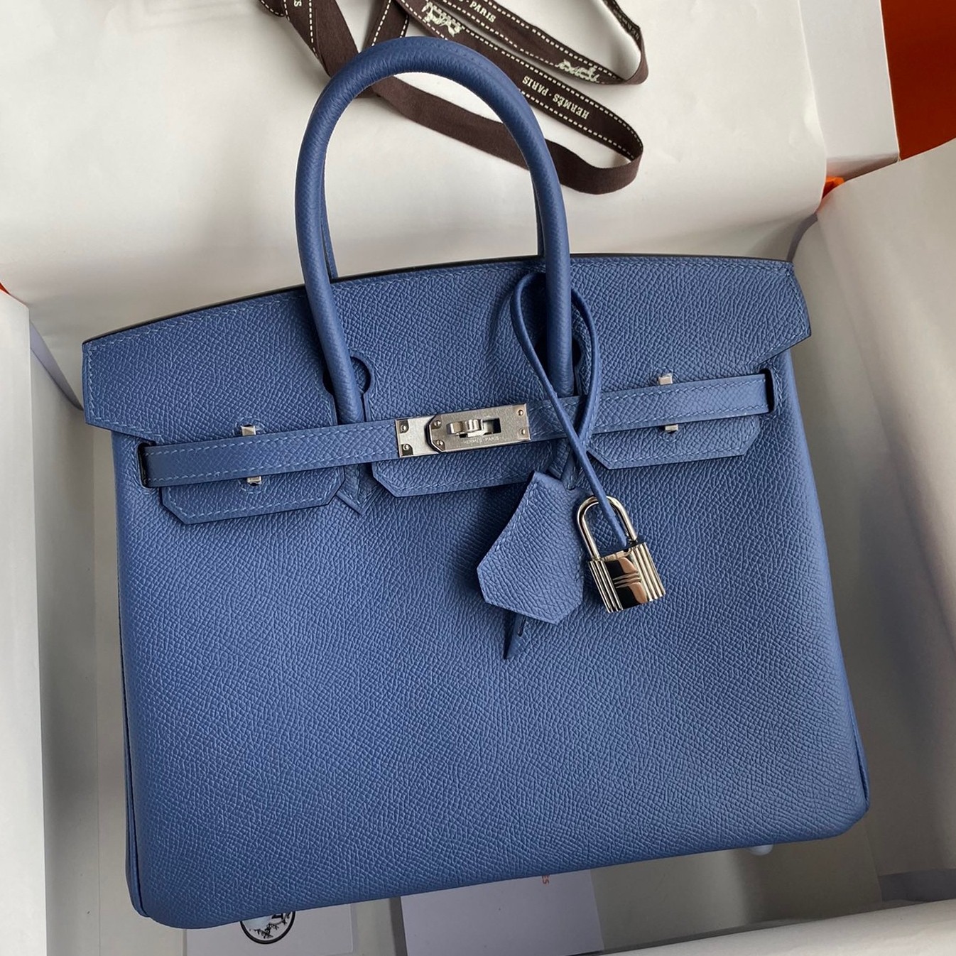 H**mes birkin 25 retourne handmade bag in blue agate epsom calfskin