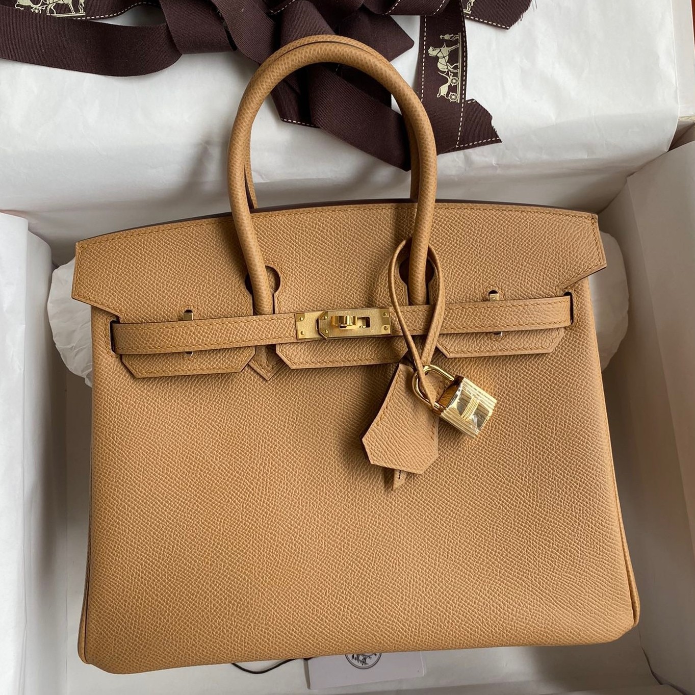 H**mes birkin 25 retourne handmade bag in biscuit epsom calfskin