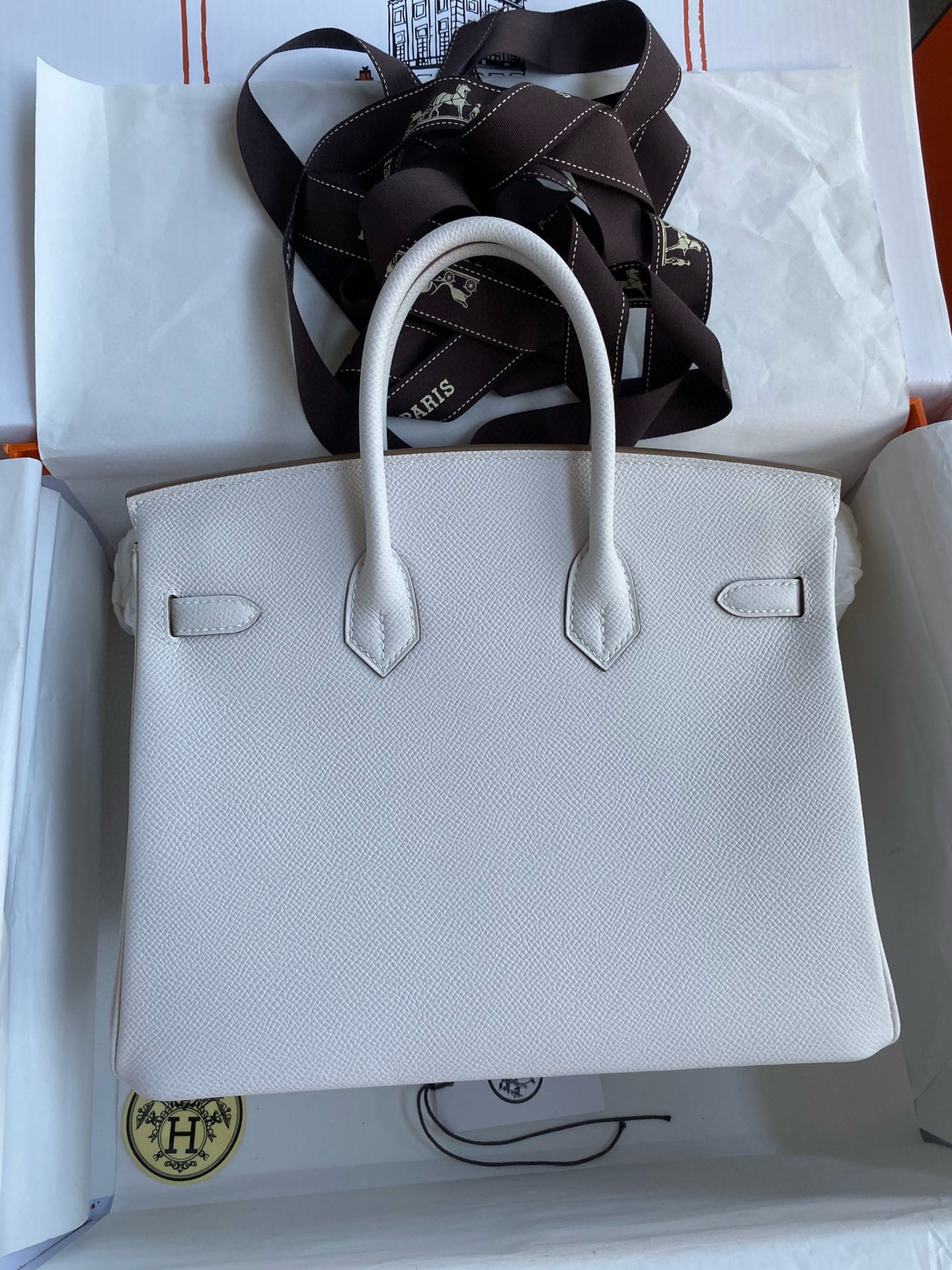 H**mes birkin 25 retourne handmade bag in gris pale epsom calfskin