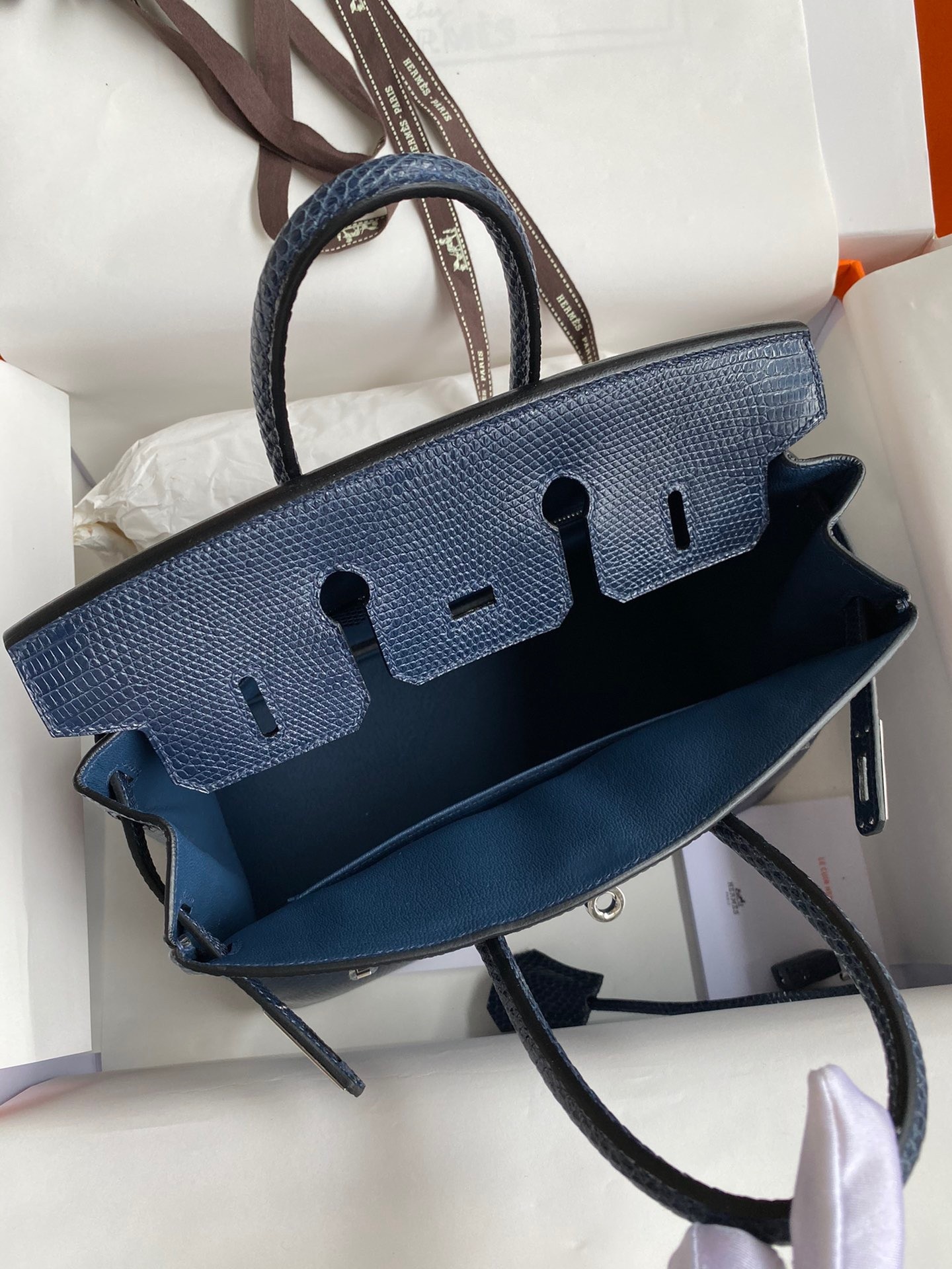 H**mes birkin 25 retourne handmade bag in blue saphir lizard leather
