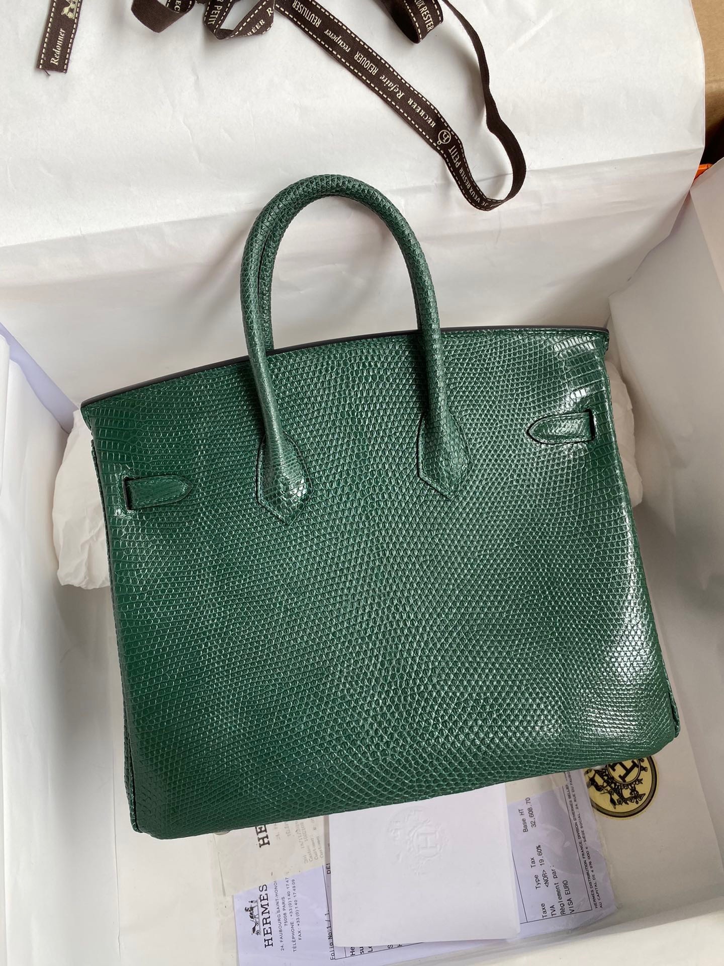 H**mes birkin 25 retourne handmade bag in malachite lizard leather