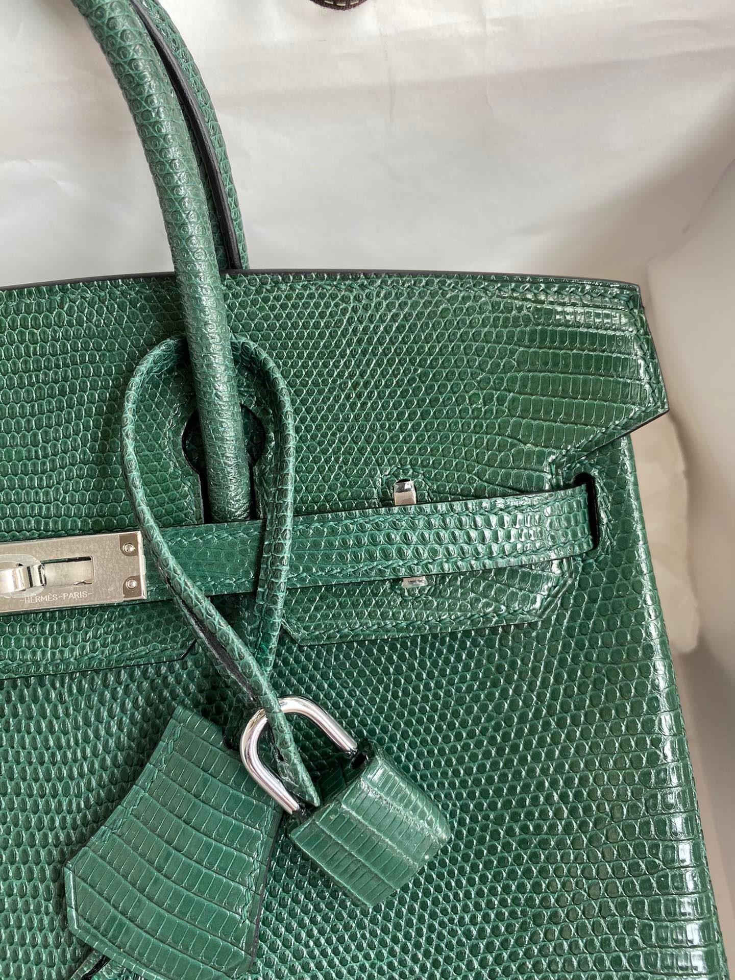 H**mes birkin 25 retourne handmade bag in malachite lizard leather