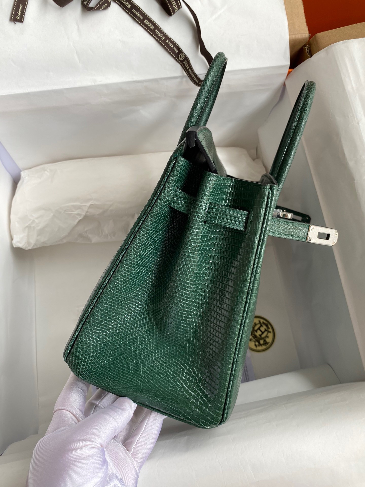 H**mes birkin 25 retourne handmade bag in malachite lizard leather