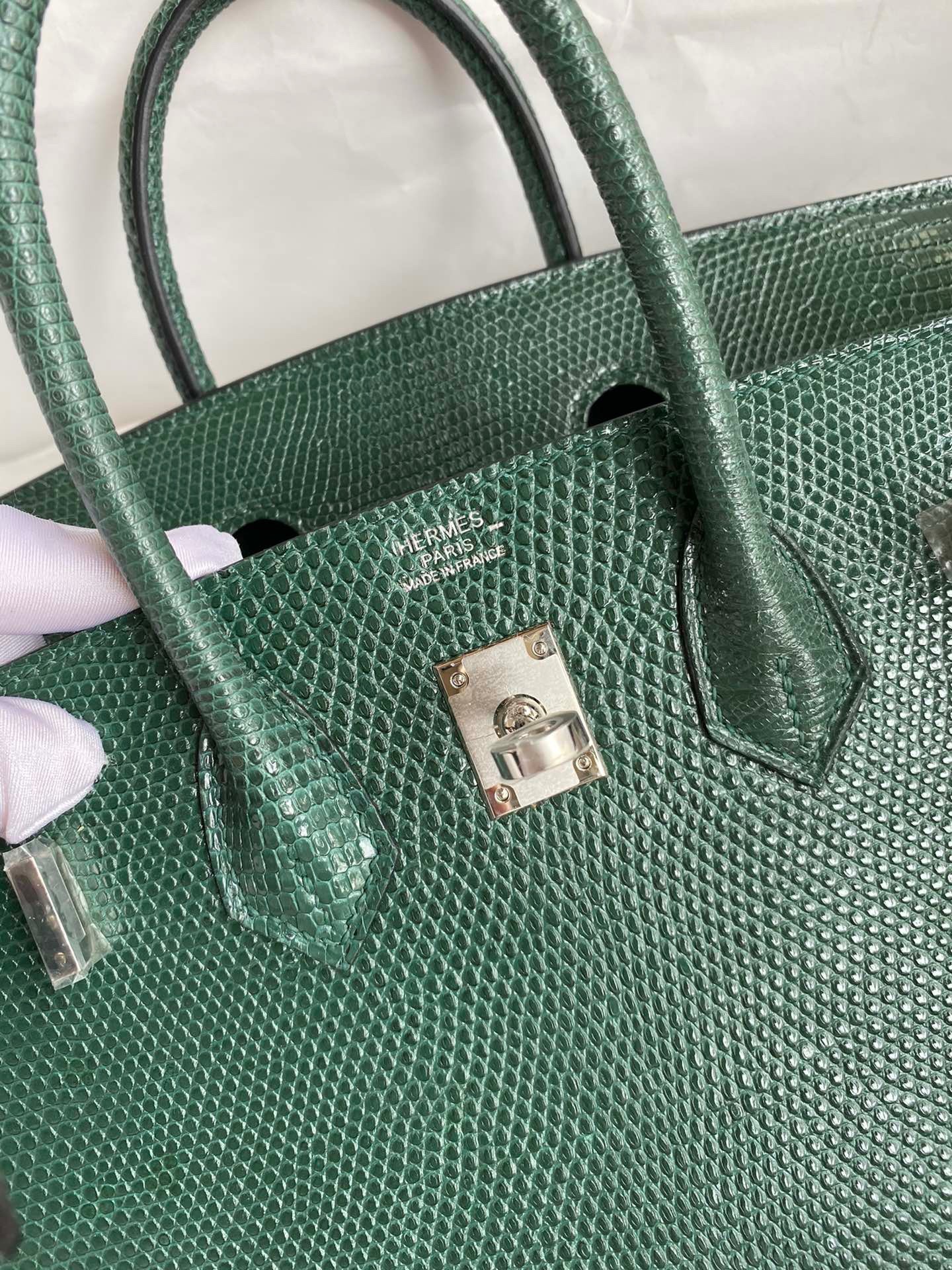 H**mes birkin 25 retourne handmade bag in malachite lizard leather