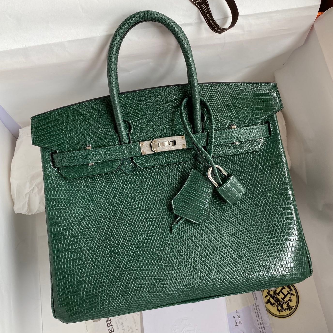 H**mes birkin 25 retourne handmade bag in malachite lizard leather