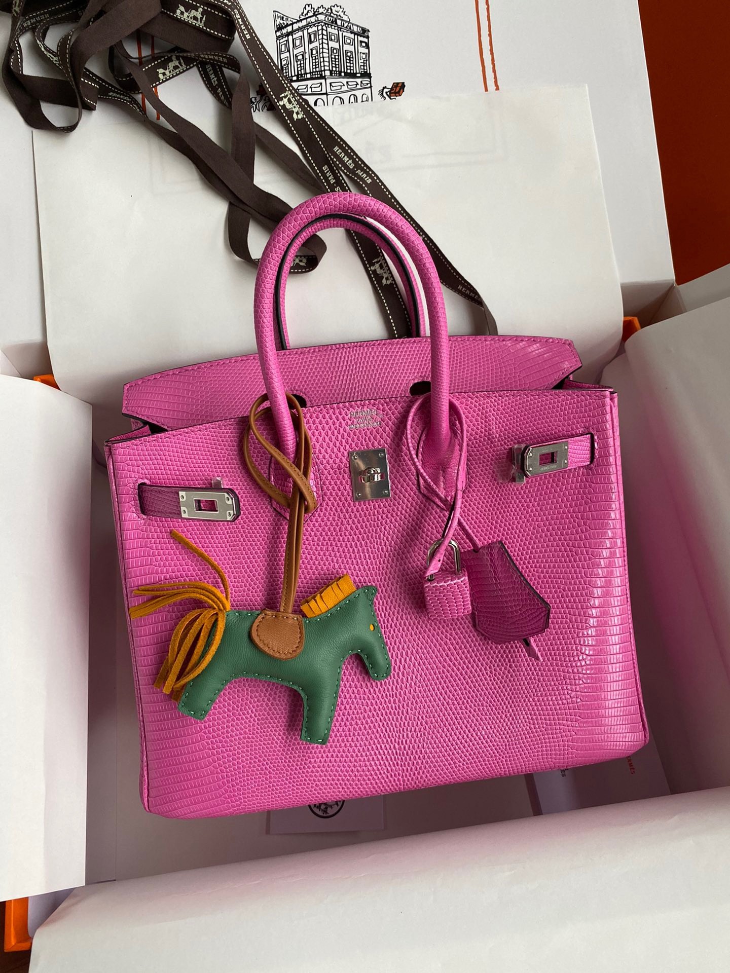 H**mes birkin 25 retourne handmade bag in pink lizard leather