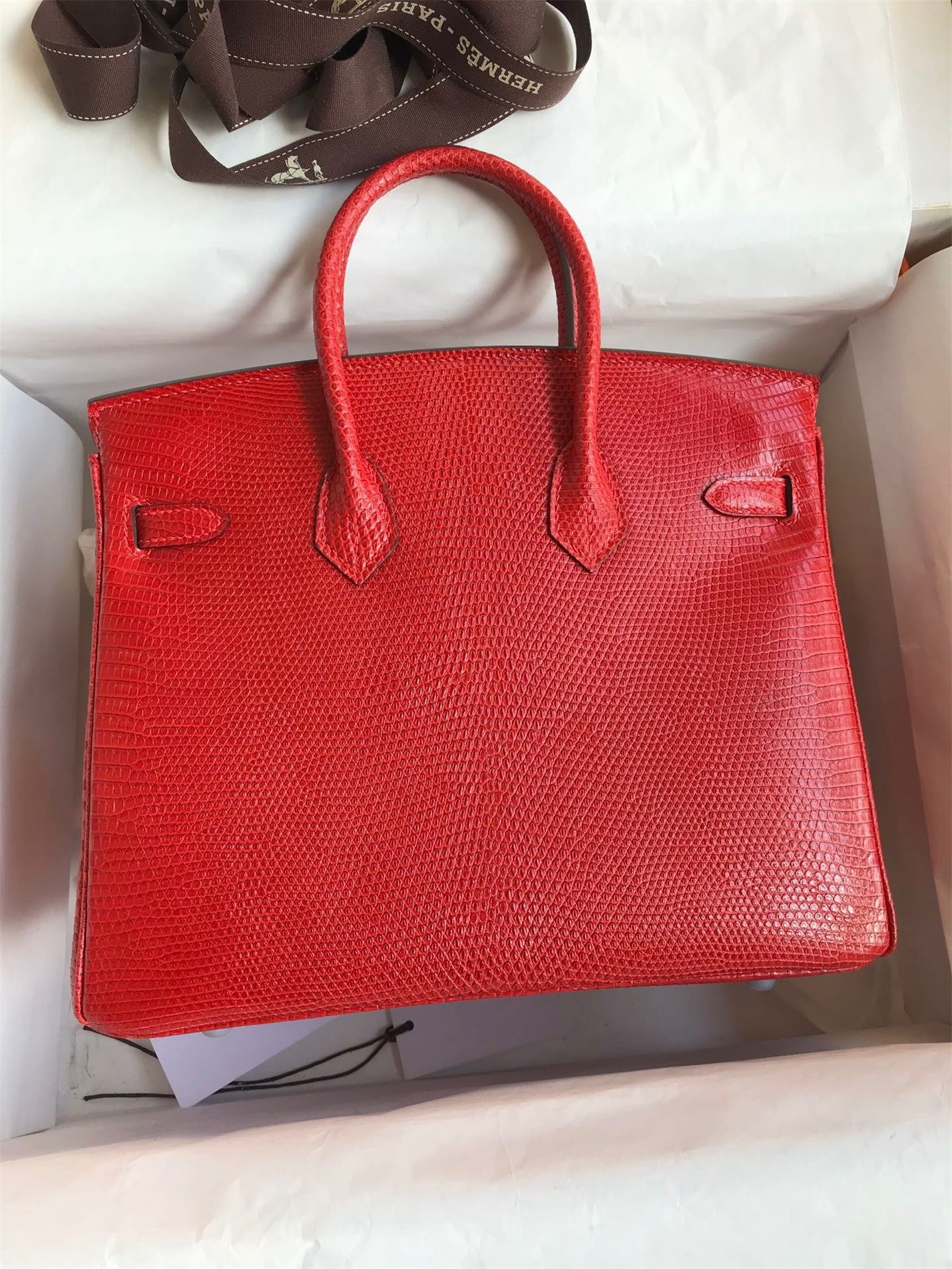 H**mes birkin 25 retourne handmade bag in red lizard leather